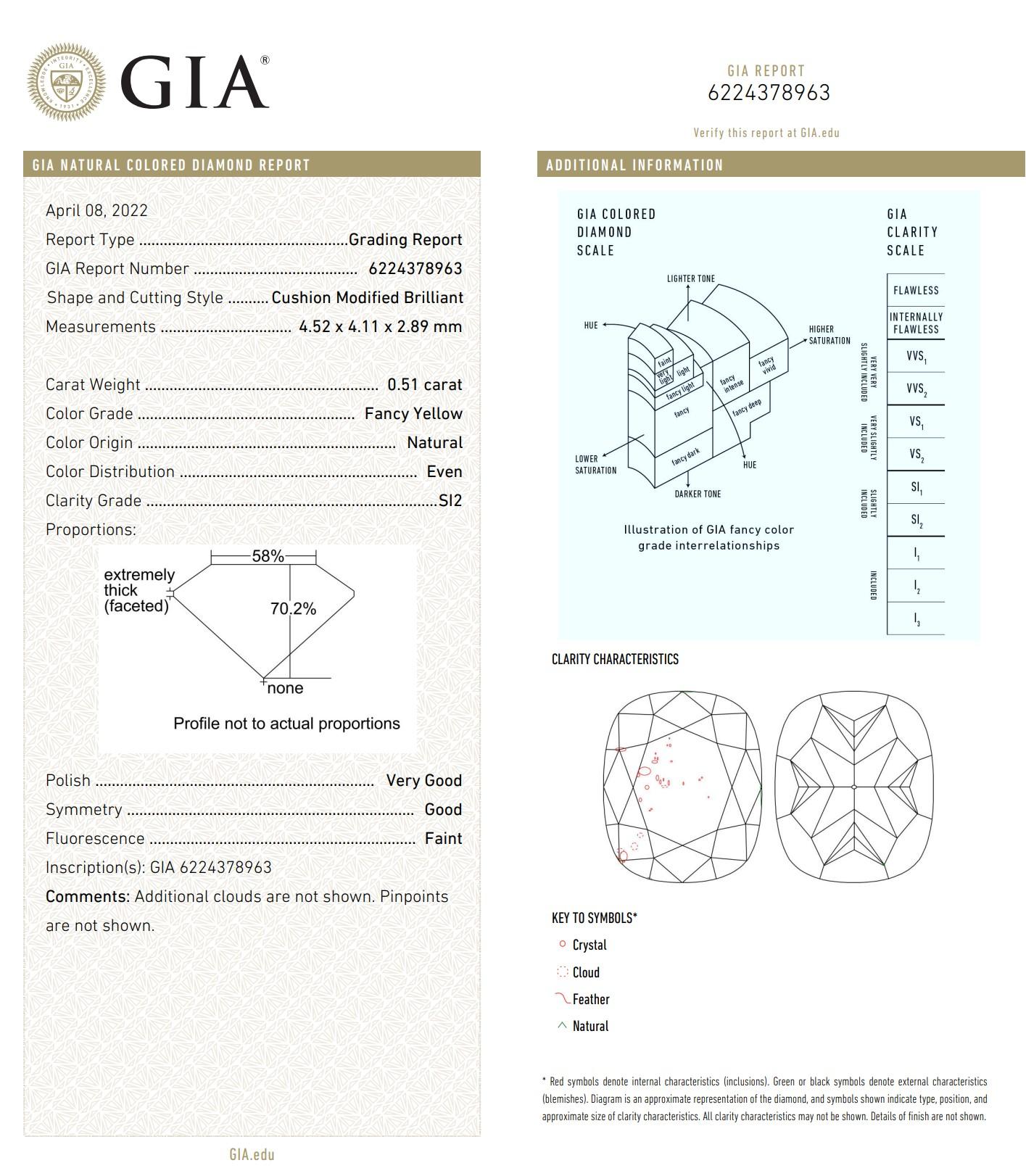 Diamante amarillo fantasía de 0,51 quilates y claridad SI2 certificado por GIA en venta 1