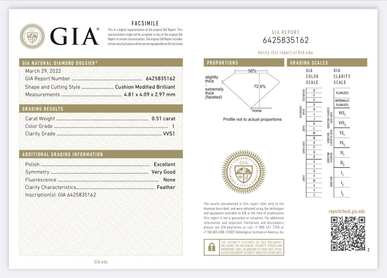 Diamante certificato GIA da 0,51 carati con colore I e purezza VVS1 in vendita 3
