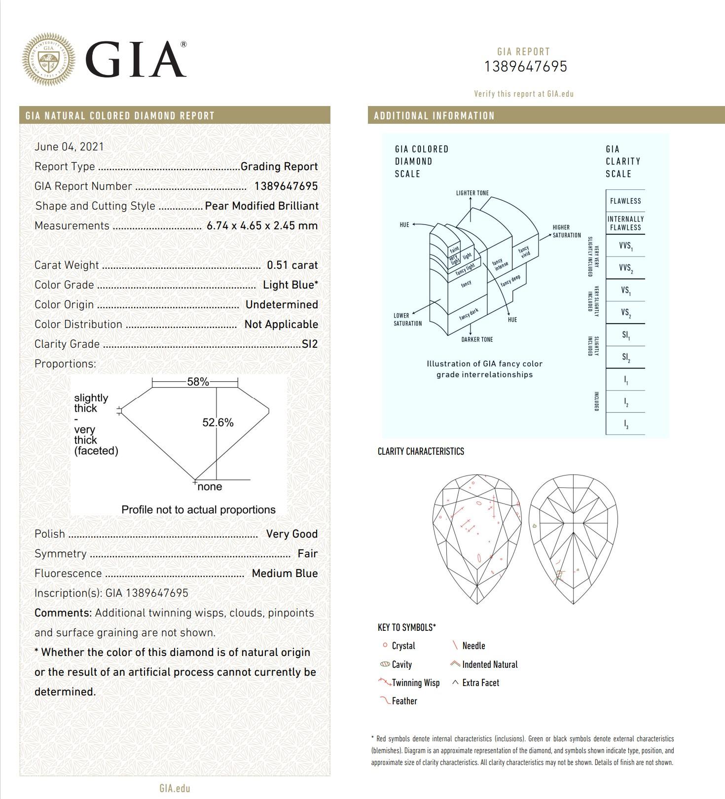 GIA Certified 0.51 Carat Light Blue SI2 Clarity Diamond For Sale 1