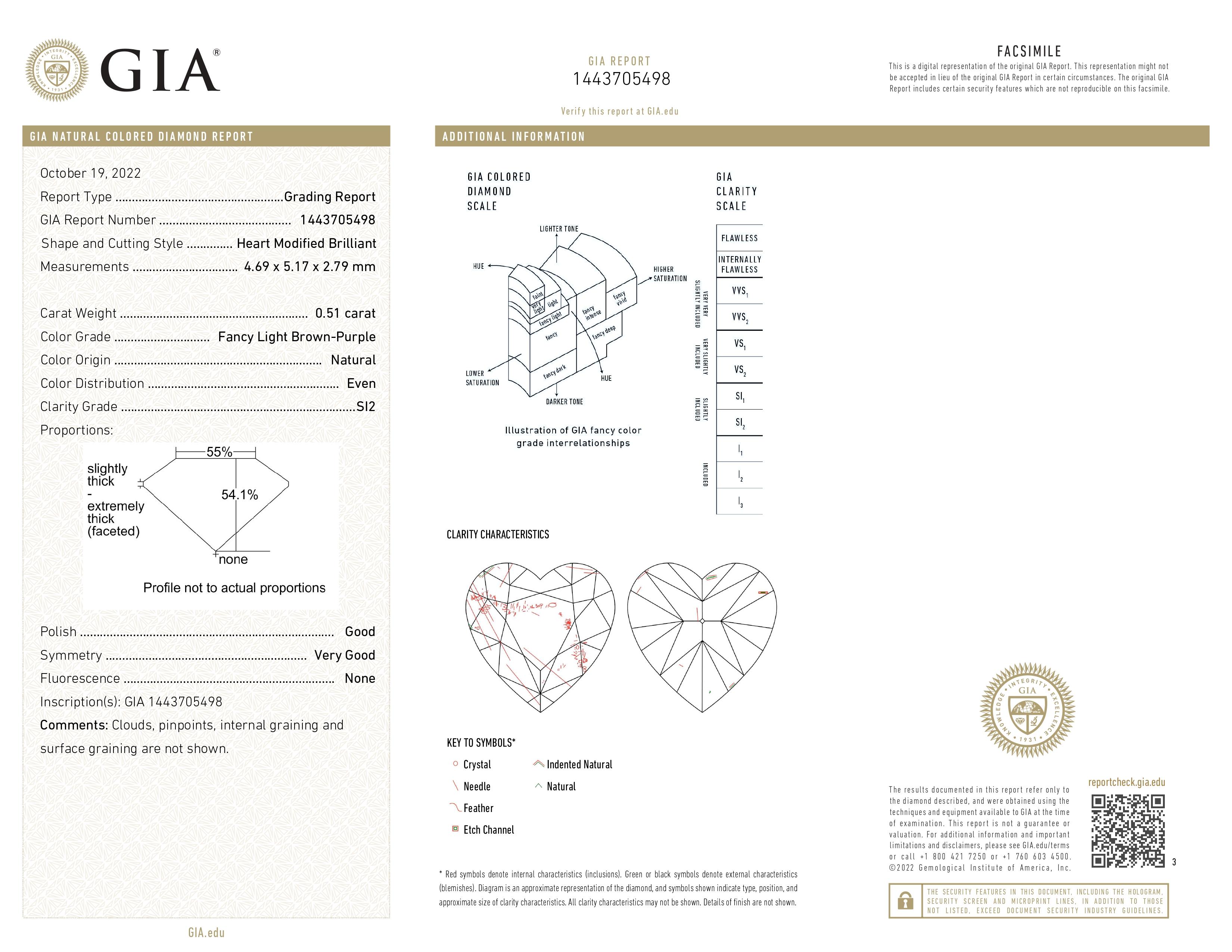 GIA-zertifiziert, 0,51ct Natural Fancy Light Brown-Purple Heart Shape Diamond Ring. im Angebot 3