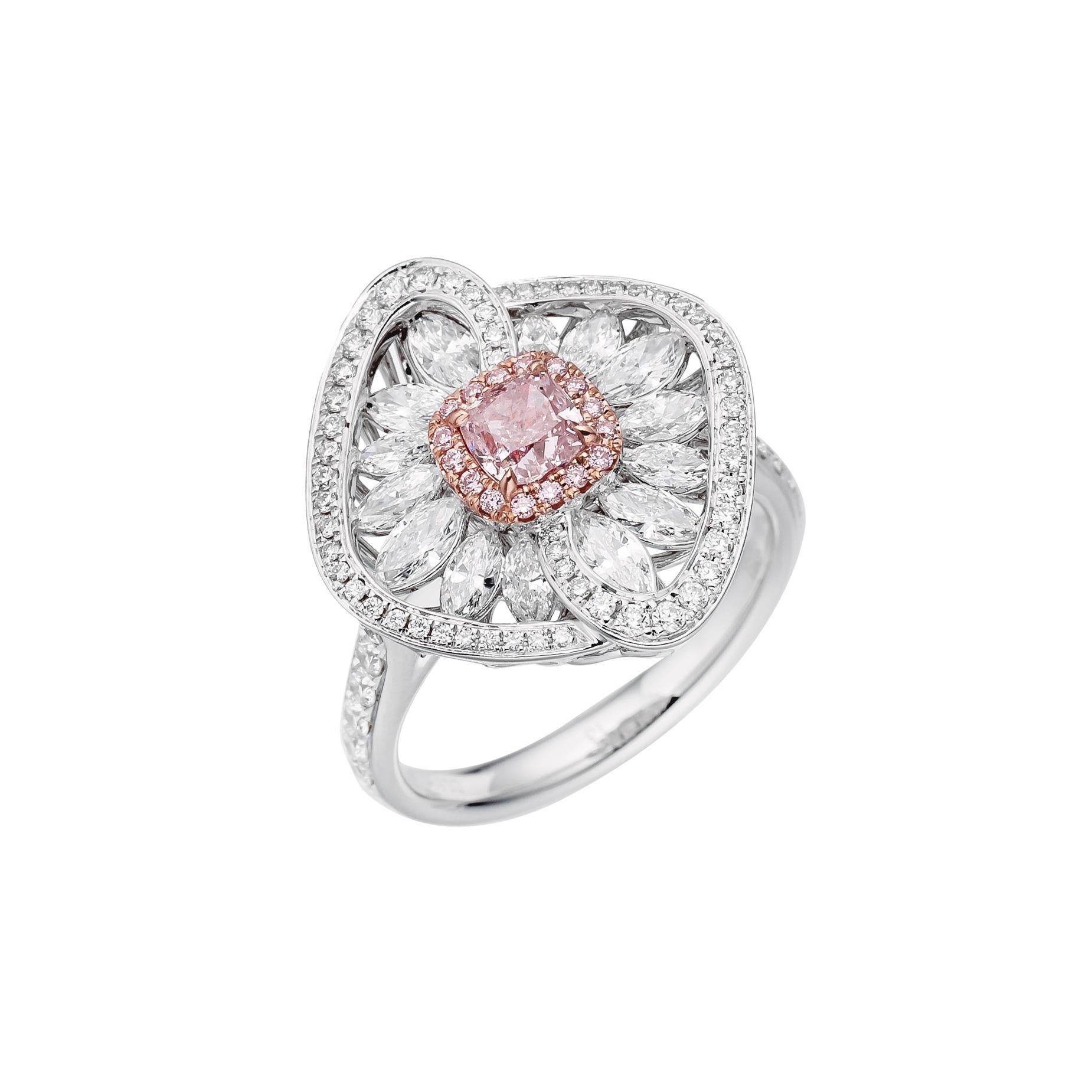Contemporary GIA Certified, 0.51ct Natural Fancy Light Pink Cushion Cut Diamond Ring in 18KT  For Sale