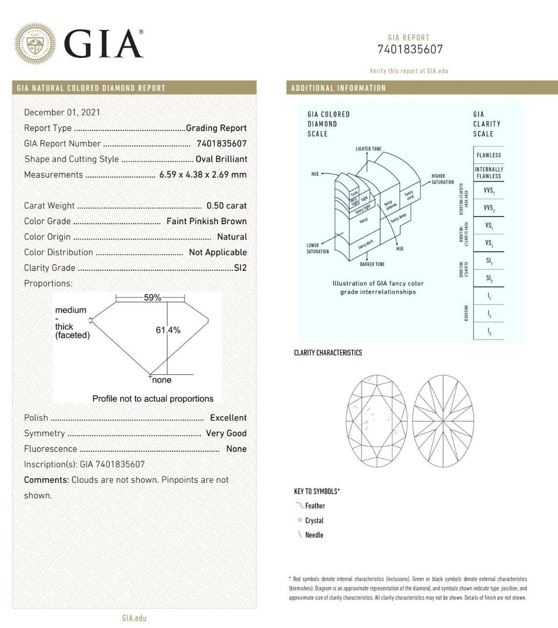 Women's or Men's GIA Certified 0.52/0.50 Carat Faint Pinkish Brown VS2/SI2 Clarity Diamond Ring For Sale