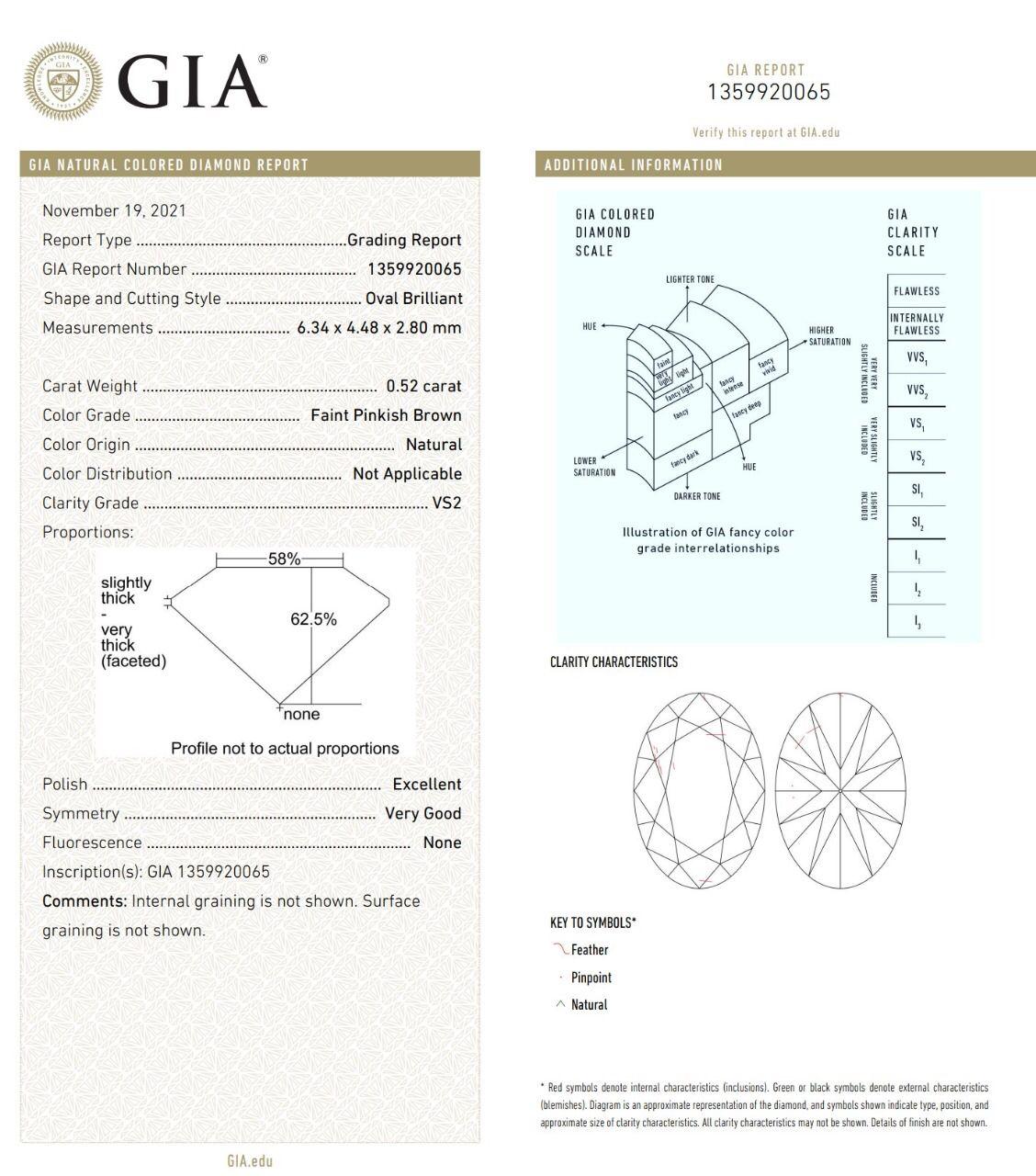 GIA Certified 0.52/0.50 Carat Faint Pinkish Brown VS2/SI2 Clarity Diamond Ring For Sale 1