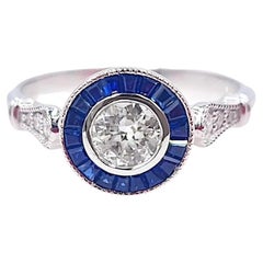 GIA Certified 0.52 Carat D VS2 Old Cut Diamond Sapphire Halo White Gold Ring