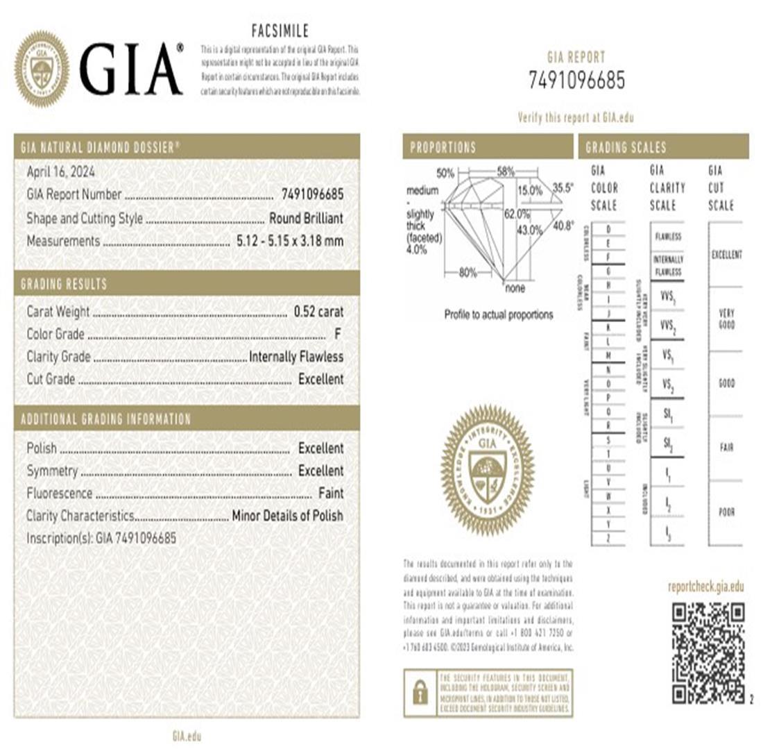 GIA Certified 0.52 Carat F Colour IF Clarity Diamond For Sale 2