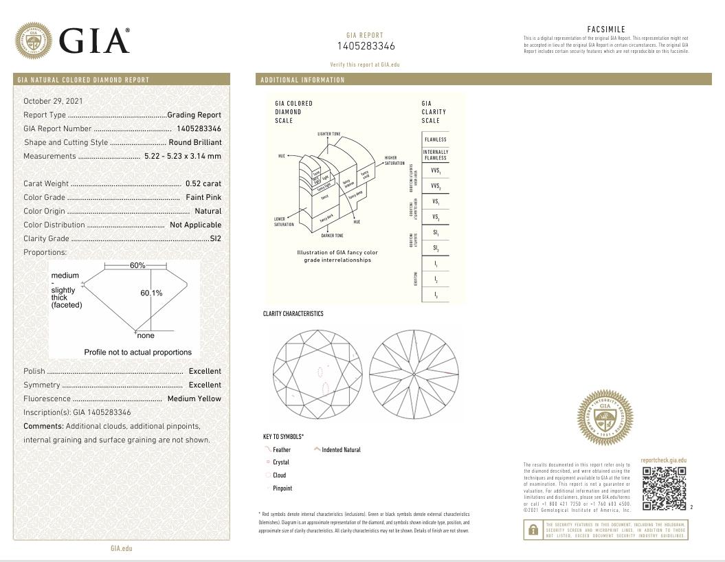 GIA Certified 0.52 Carat Faint Pink SI2 Clarity Diamond For Sale 1