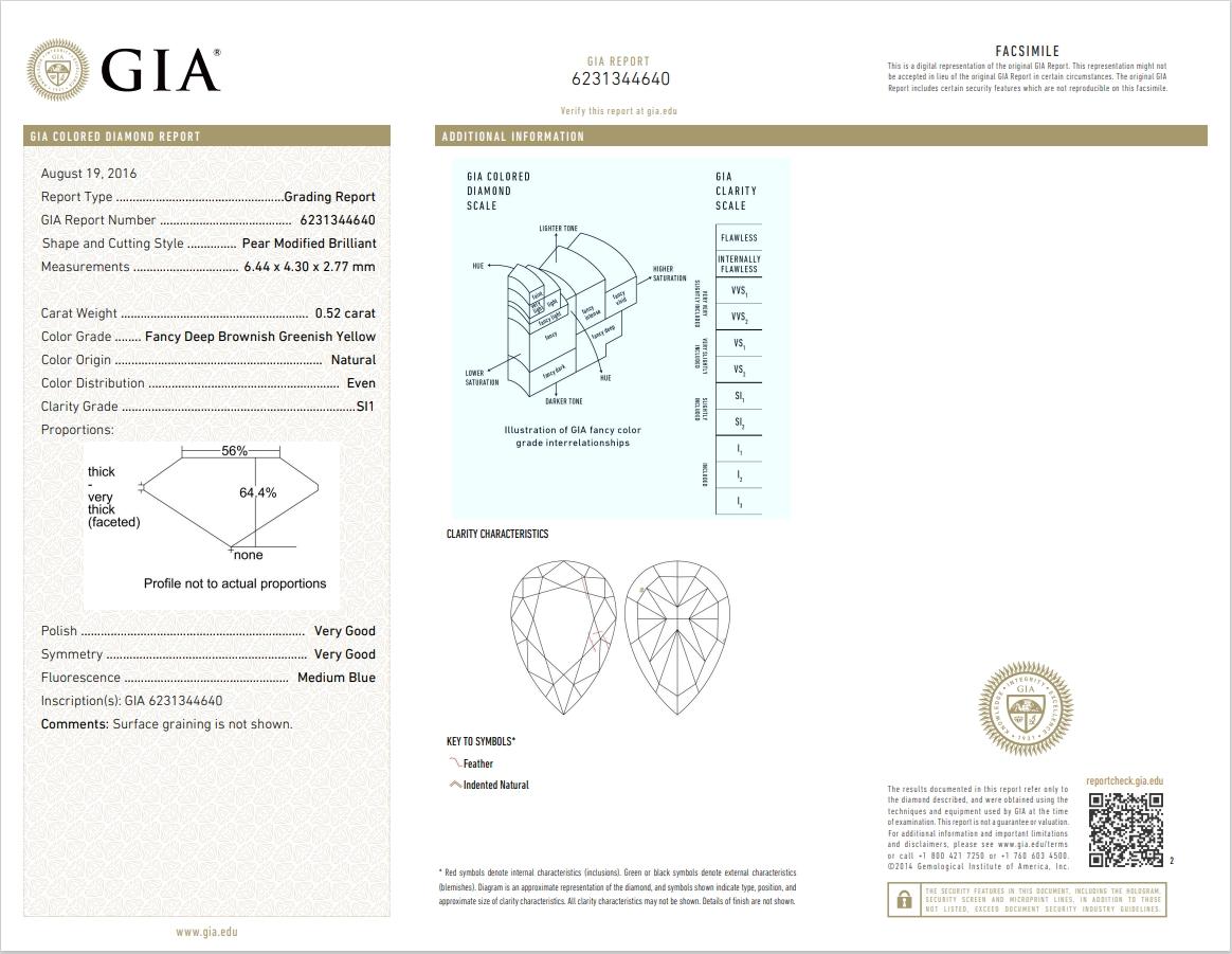 GIA Certified 0.52 Carat Fancy Deep Brownish Greenish Yellow SI1 Clarity Diamond 1