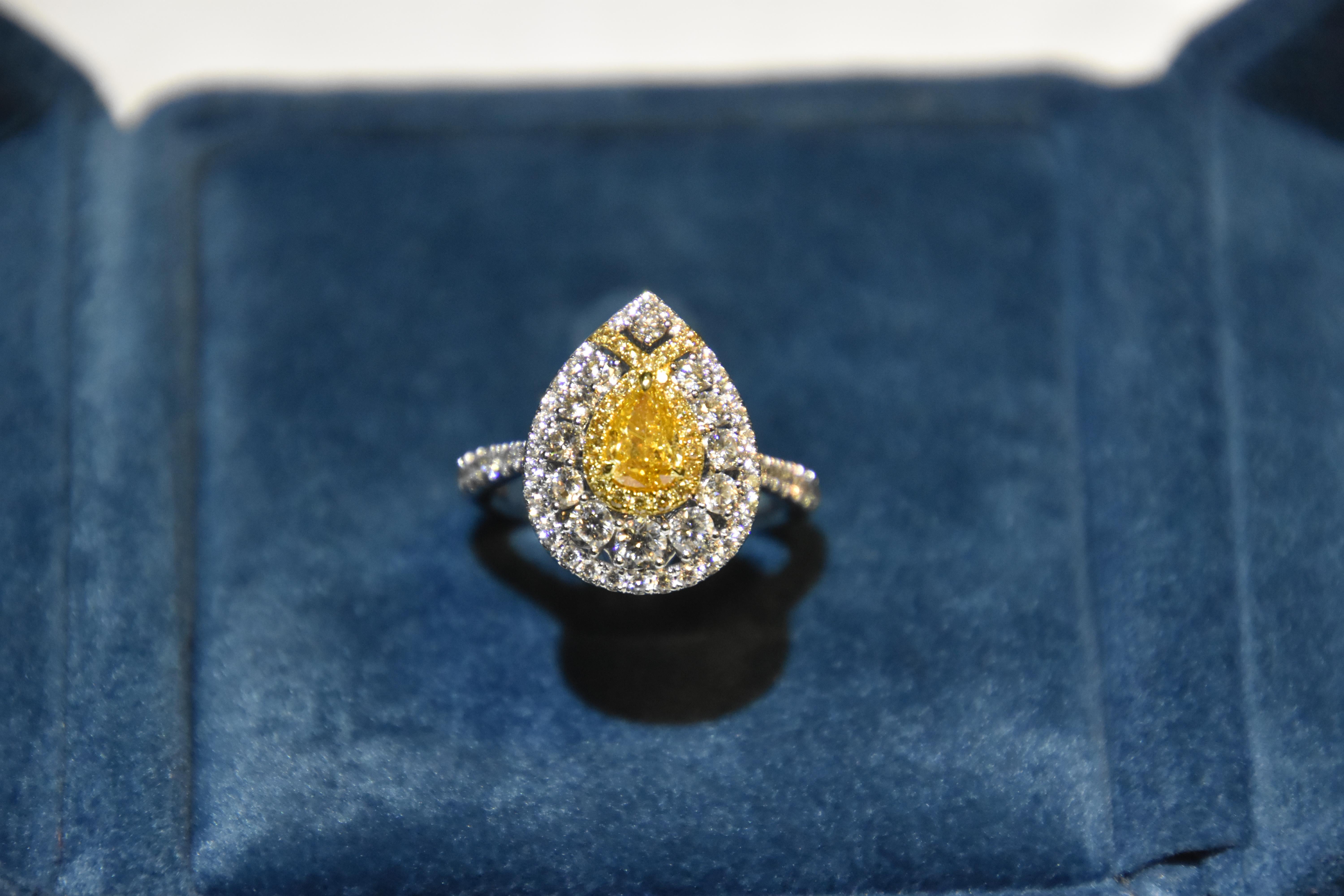Pear Cut GIA Certified 0.52 Carat Fancy Intense Yellow- Orange Diamond Ring For Sale