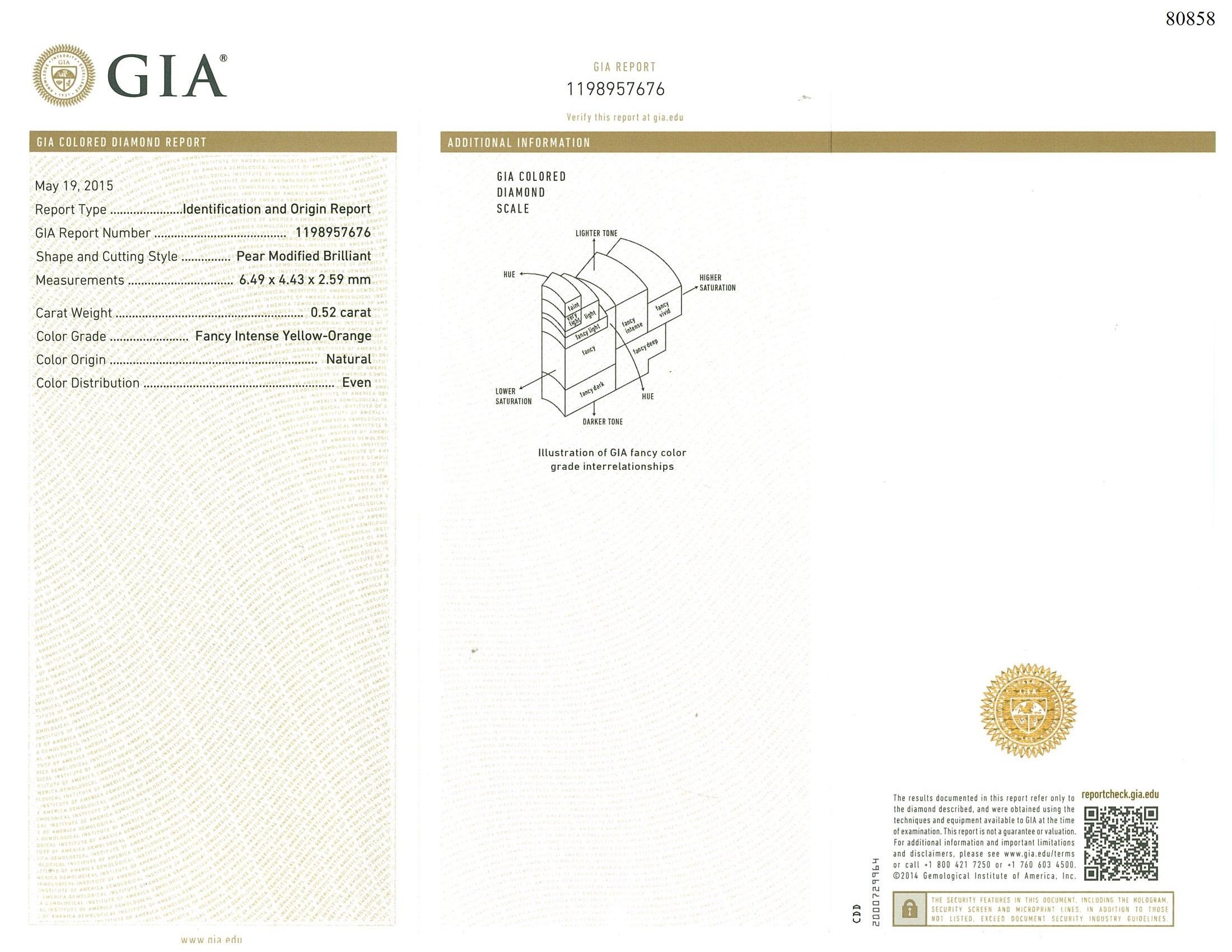 GIA Certified 0.52 Carat Fancy Intense Yellow- Orange Diamond Ring For Sale 3