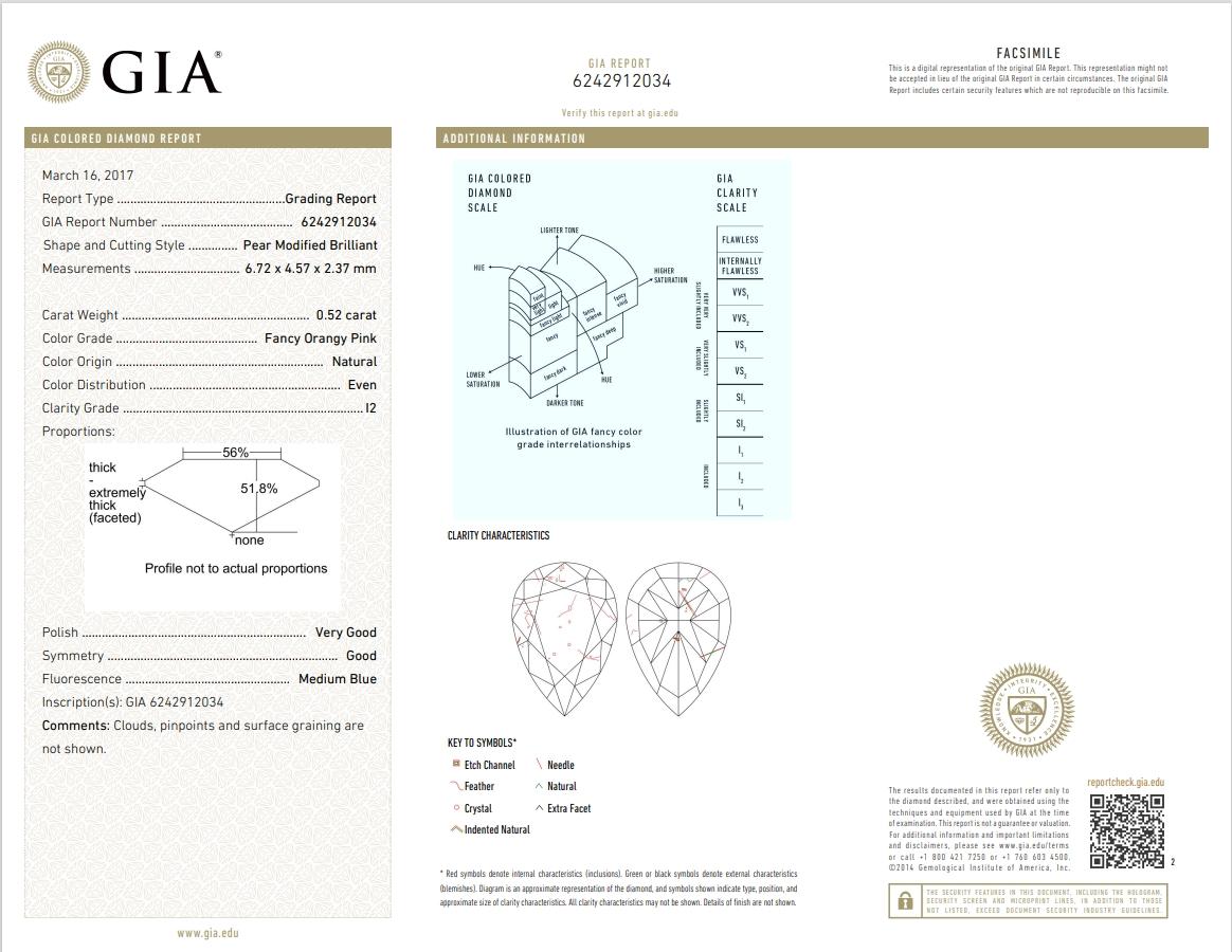 GIA Certified 0.52 Carat Fancy Orangy Pink I2 Clarity Diamond For Sale 1