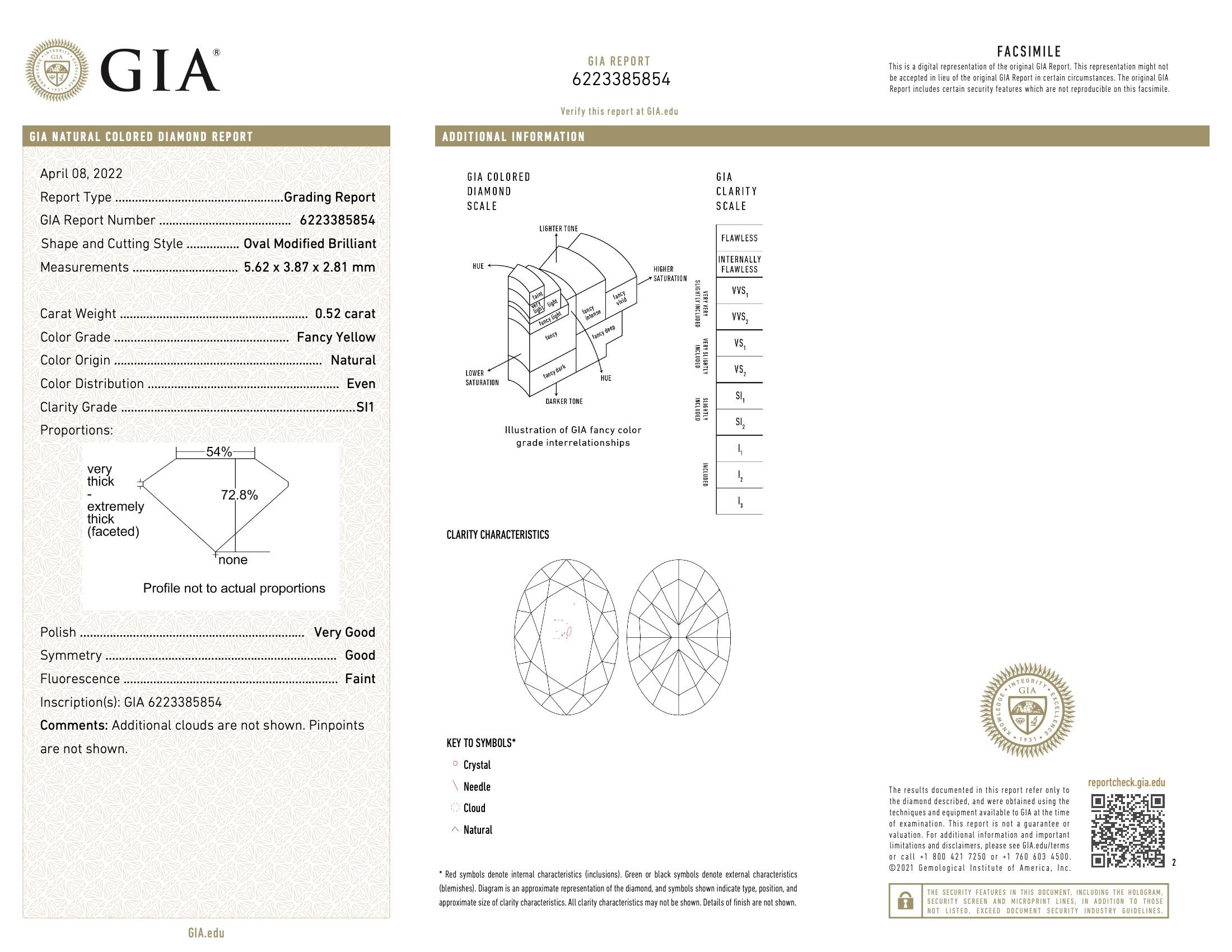 Diamant jaune fantaisie de 0,52 carat de pureté SI1 certifié GIA en vente 2