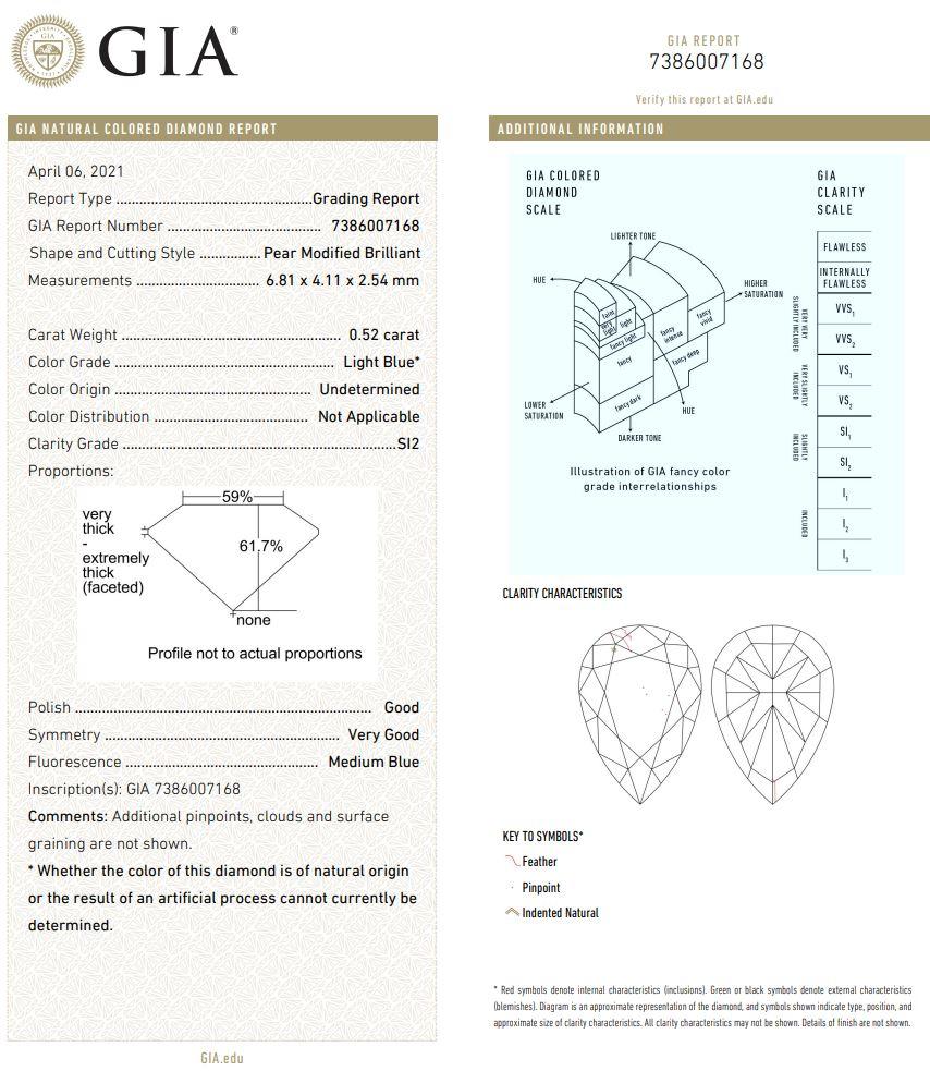 GIA Certified 0.52 Carat Light Blue SI2 Clarity Diamond For Sale 1