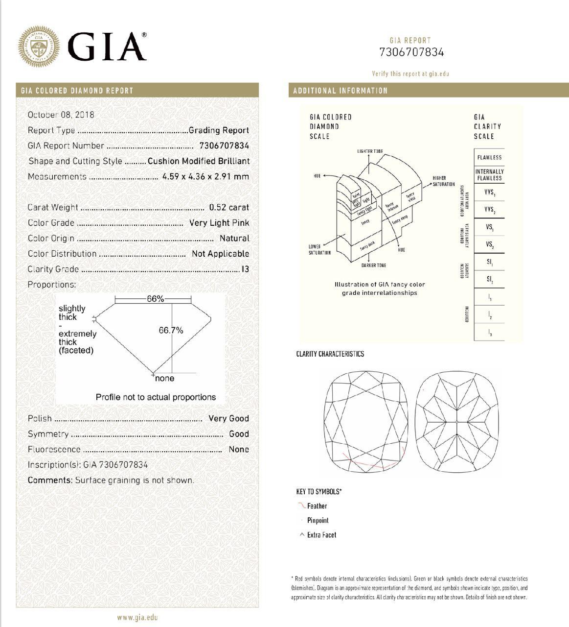 Anello con diamante certificato GIA da 0,52 carati di colore rosa molto chiaro con purezza I3 in vendita 3