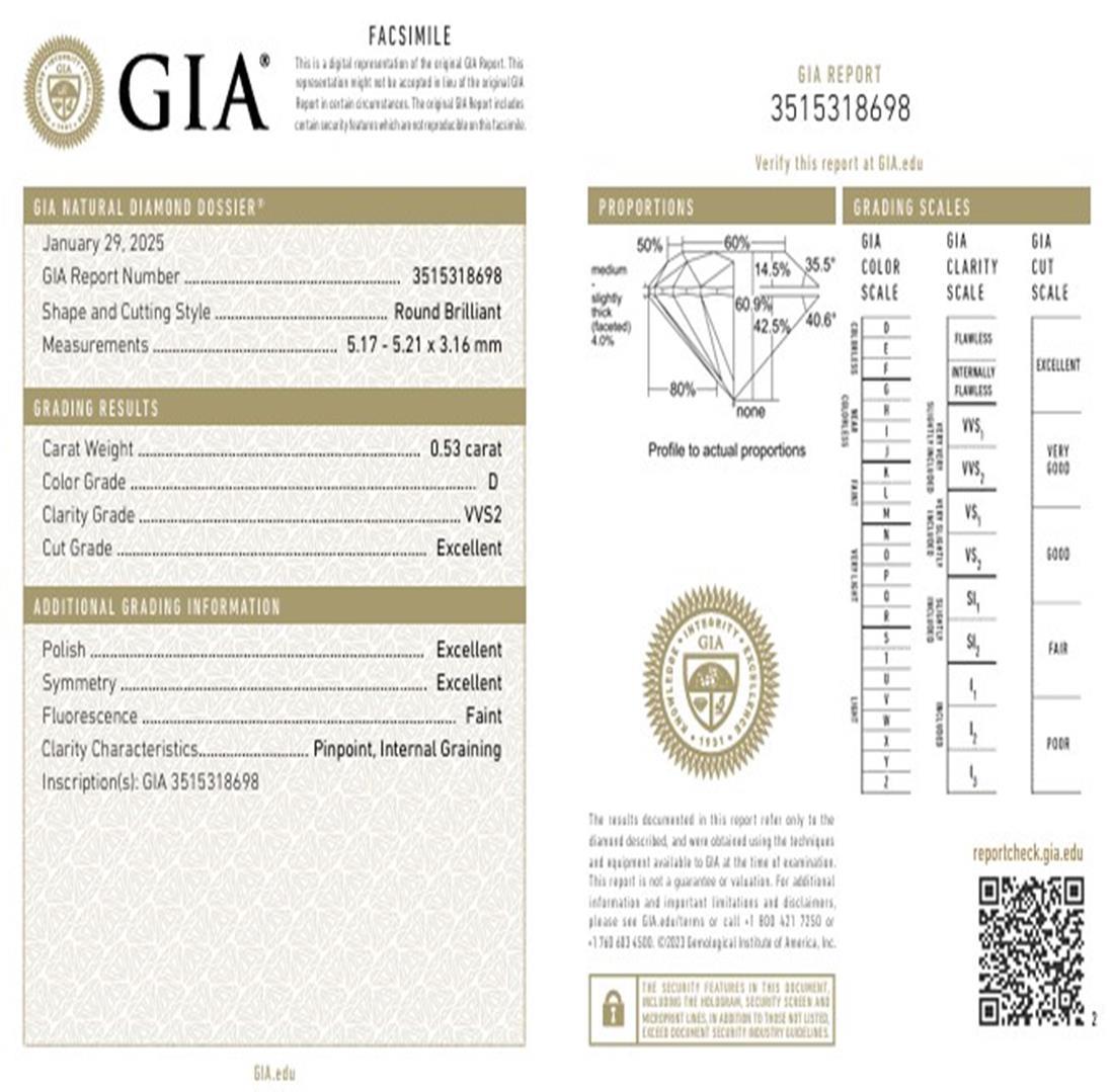 GIA Certified 0.53 Carat D Colour VVS2 Clarity Diamond For Sale 2