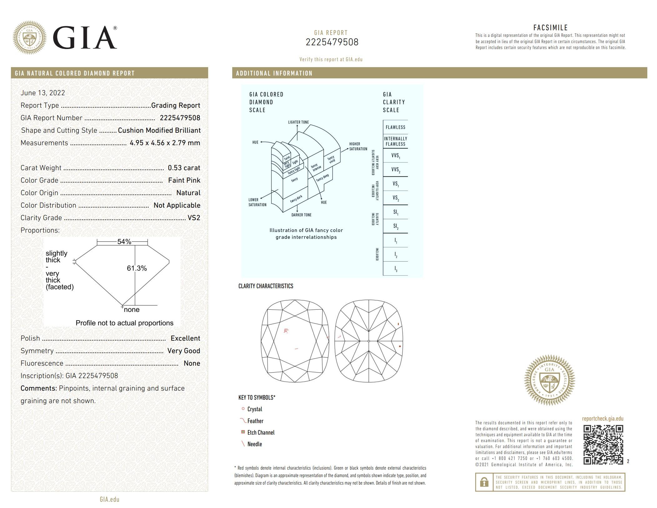GIA Certified 0.53 Carat Faint Pink VS2 Clarity Diamond For Sale 1