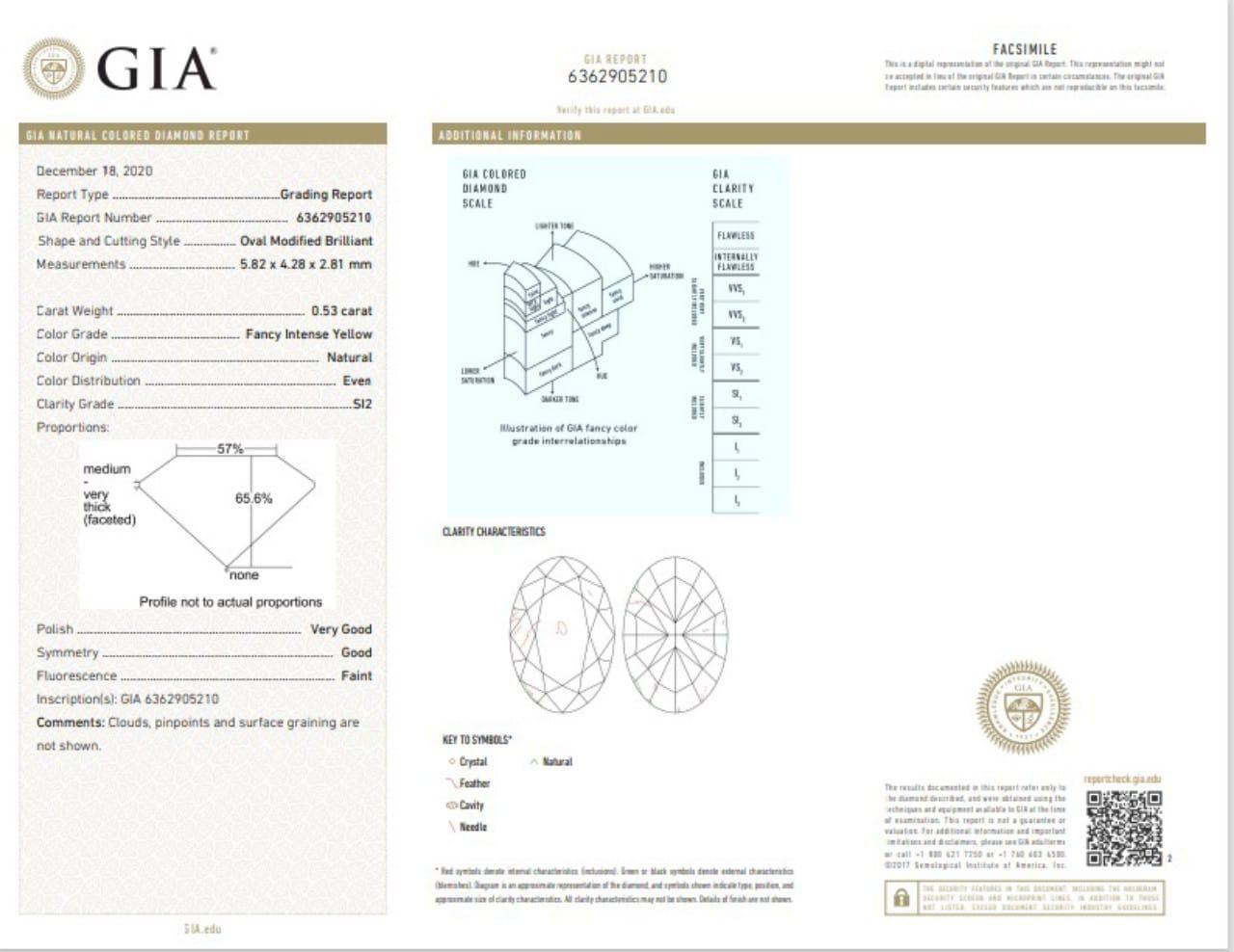 Diamante certificato GIA da 0,53 carati, di colore giallo intenso e di chiarezza SI2 in vendita 1