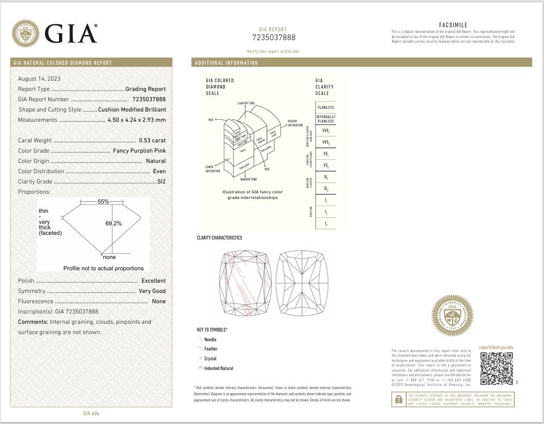 GIA Certificato 0,53 Carati Fancy Purplish Pink Si2 Clarity Diamond in vendita 1