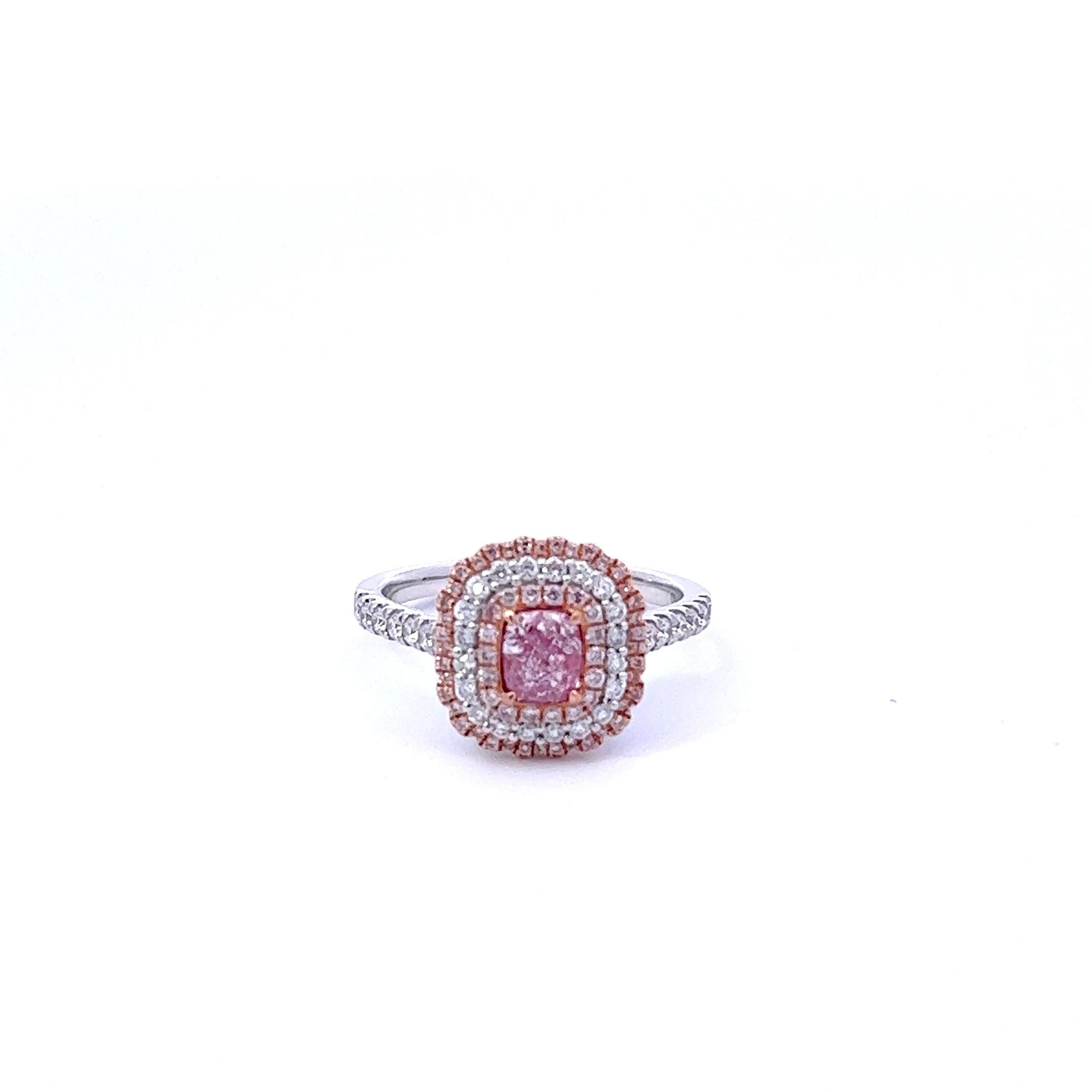 Center: 0.53ct Very Light Pink Cushion SI2 GIA# 5363571627
Setting: 18k White Gold 0.49ctw Pink and White Diamonds

An extremely rare and stunning natural pink diamond center. Pink Diamonds account for less than 0.01% of all diamonds mined in the