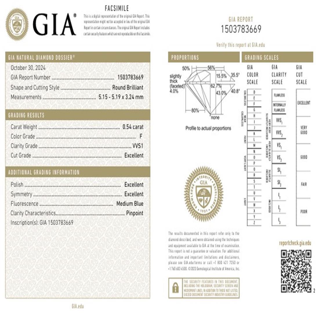 GIA Certified 0.54 Carat F Colour VVS1 Clarity Diamond For Sale 2