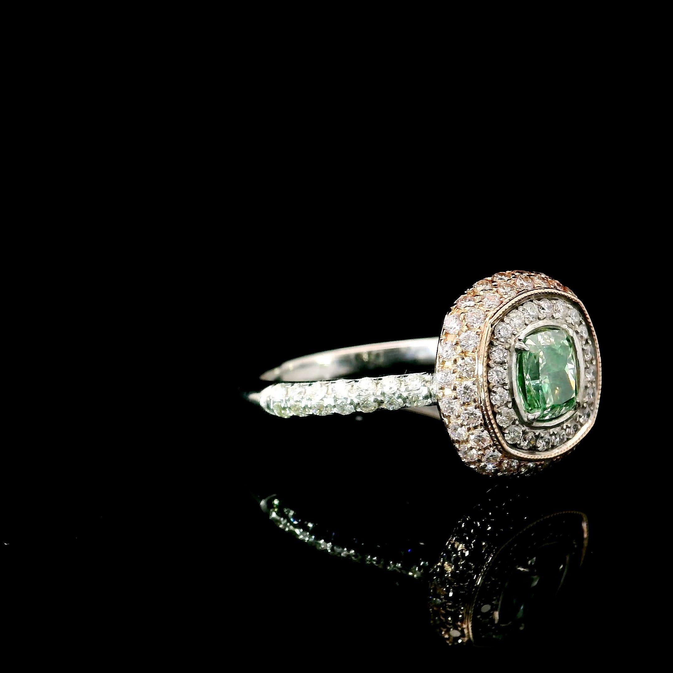 Cushion Cut GIA Certified 0.54 Carat Fancy Light Yellow Green VS2 Clarity Diamond Ring For Sale