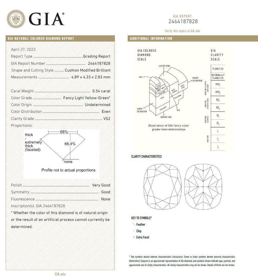 GIA Certified 0.54 Carat Fancy Light Yellow Green VS2 Clarity Diamond Ring For Sale 3