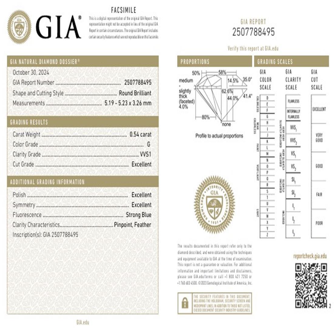 GIA Certified 0.54 Carat G Colour VVS1 Clarity Diamond For Sale 2