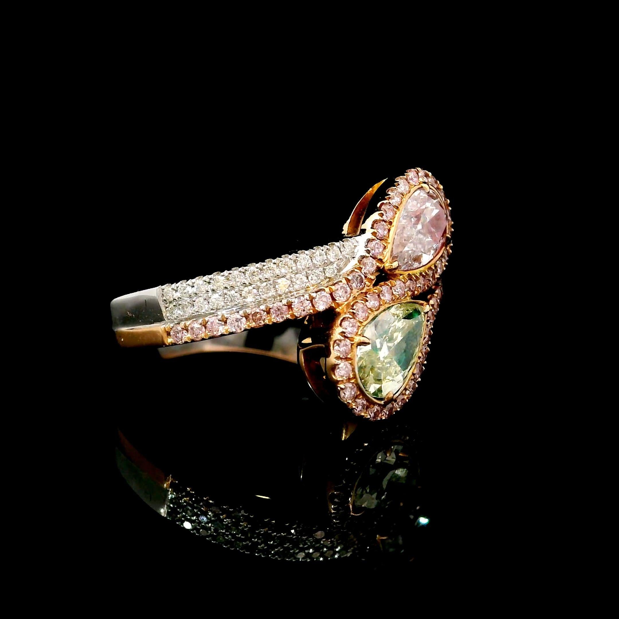 Pear Cut GIA Certified 0.54 CT W-X Colour SI1 CLT/0.42 CT Faint Pink SI2 CLT Diamond Ring For Sale