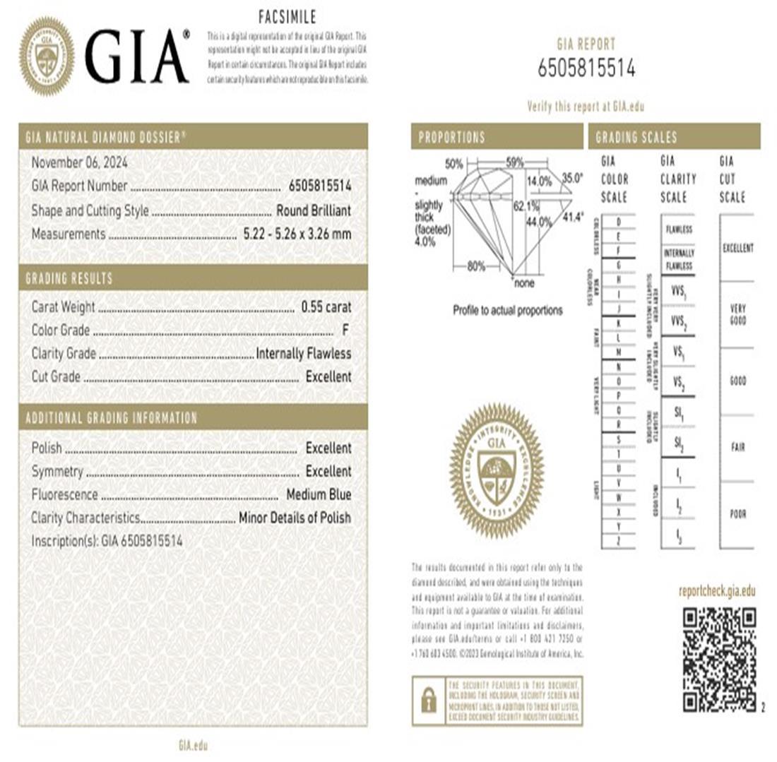 GIA Certified 0.55 Carat F Colour IF Clarity Diamond For Sale 2