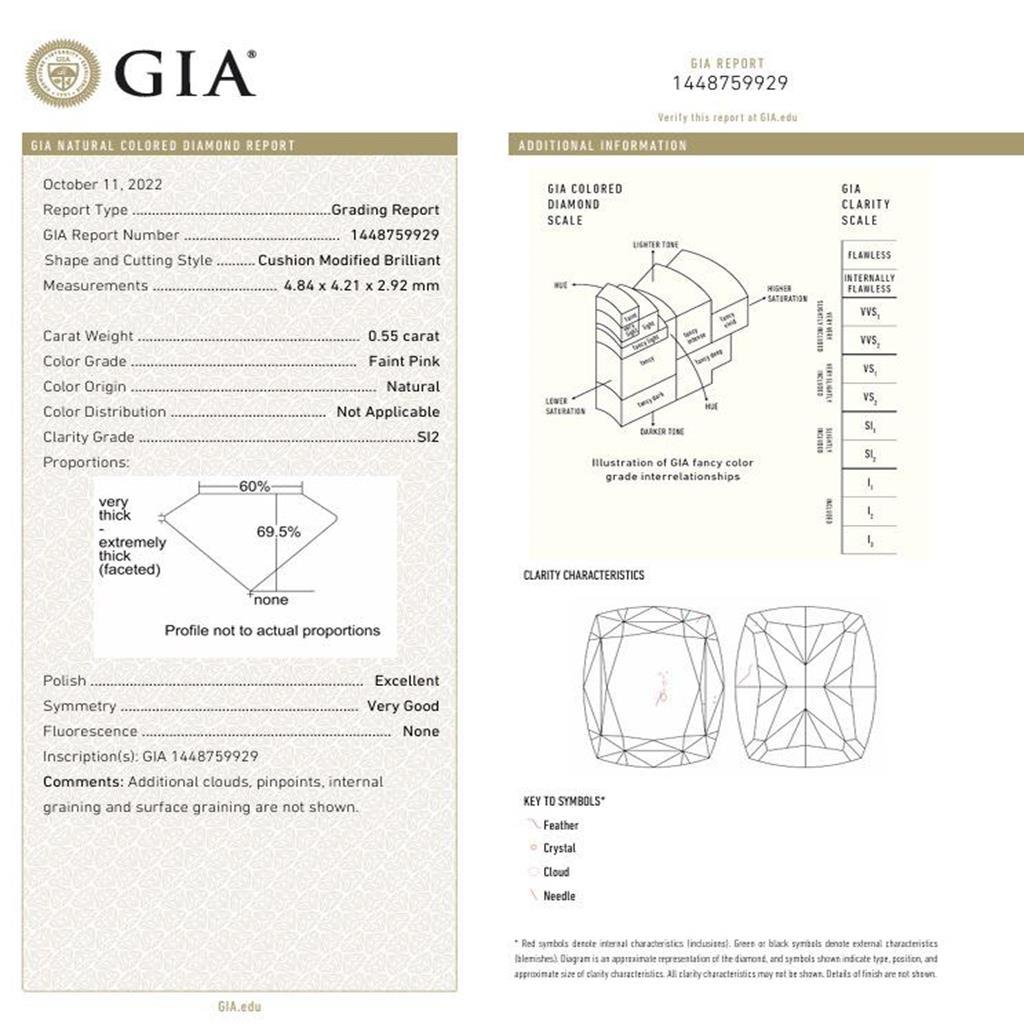 GIA-zertifizierter Diamantring mit 0,55 Karat in schwachem Rosa und SI2-Reinheit im Angebot 3