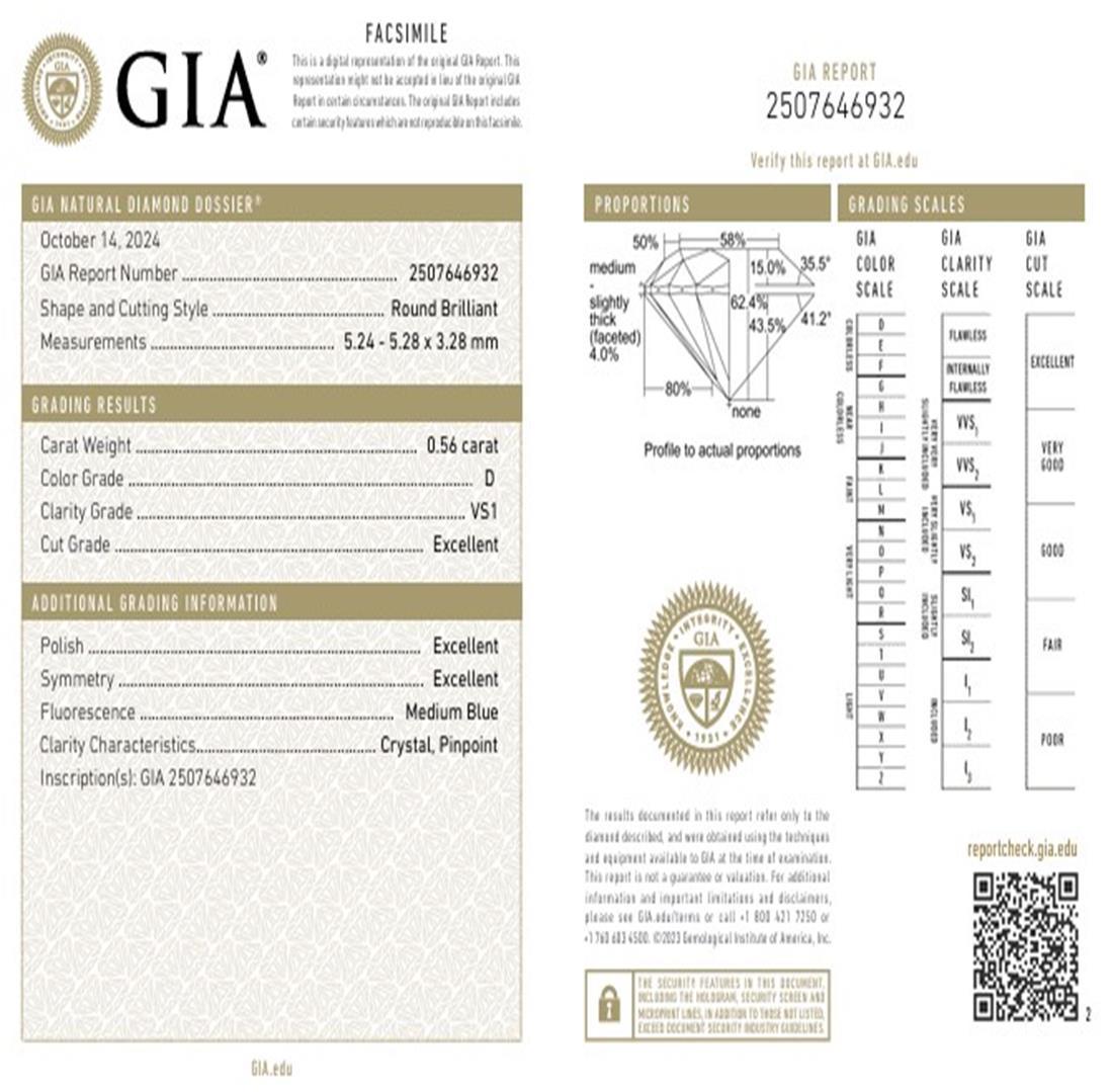 GIA Certified 0.56 Carat D Colour VS1 Clarity Diamond For Sale 2