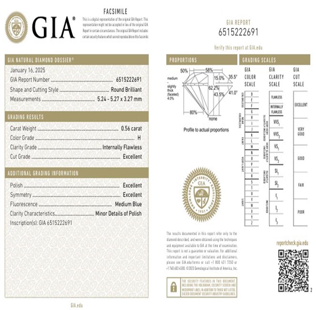 Diamante certificato GIA da 0,56 carati con colore H e purezza VVS2 in vendita 2
