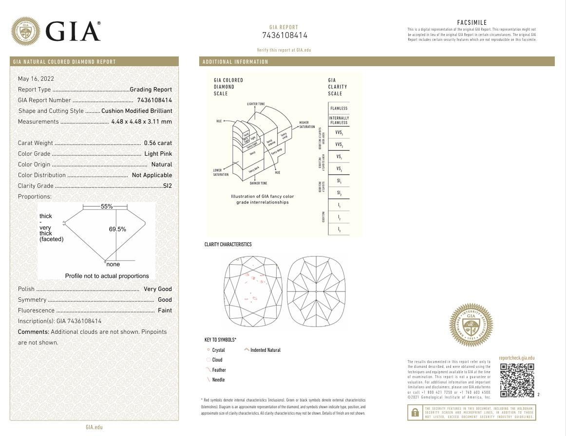 GIA Certified 0.56 Carat Light Pink SI2 Clarity Diamond For Sale 1