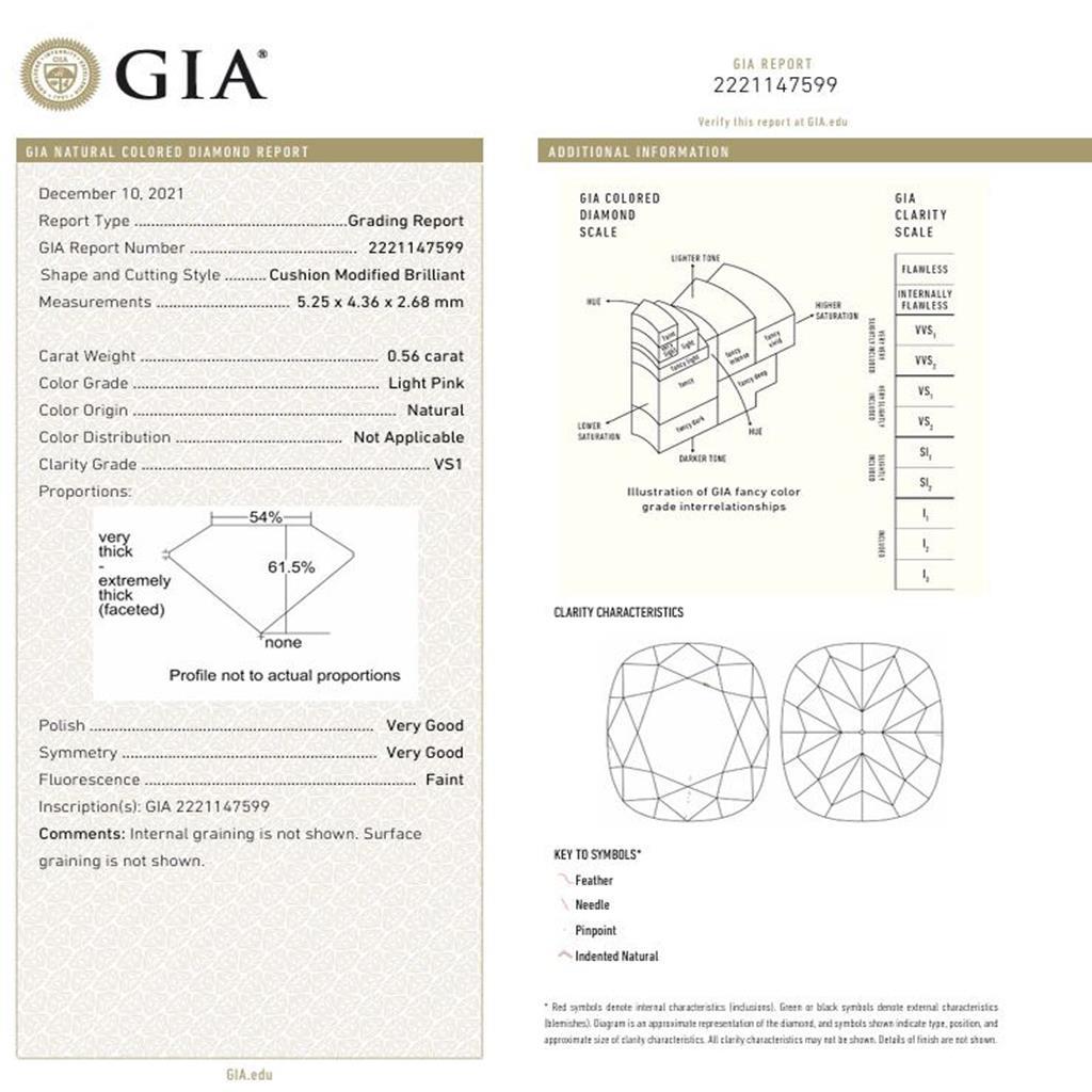 Anello con diamante certificato GIA da 0,56 carati rosa chiaro con purezza VS1 in vendita 4