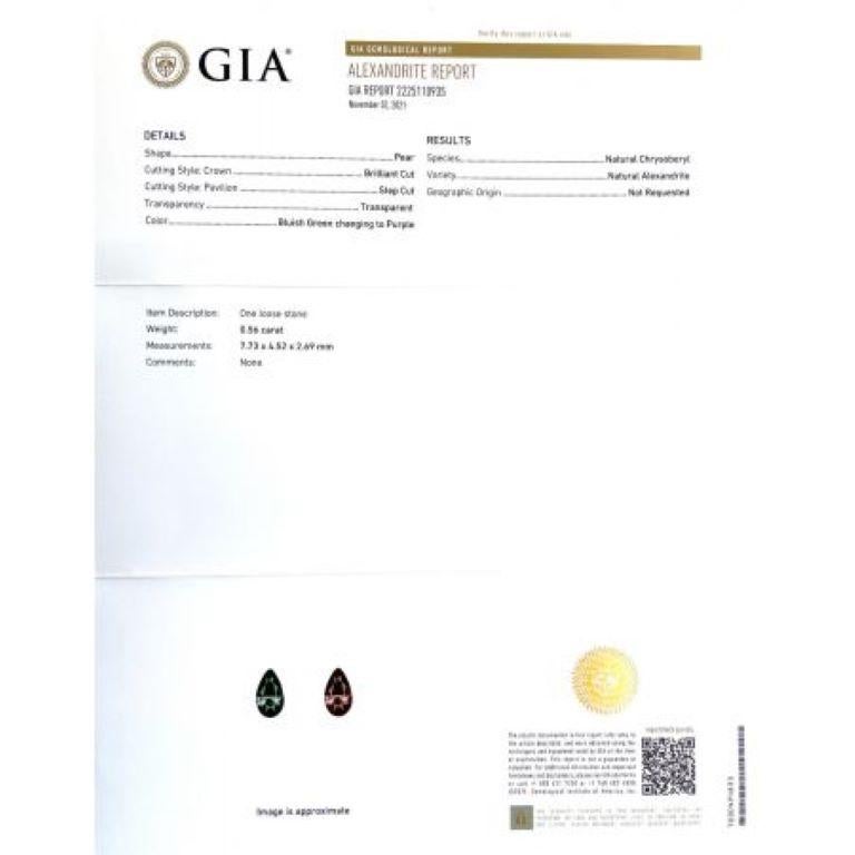 We're glad to share with you the certificate of GIA report. With this, you can be sure that the gem you purchased is a genuine natural Alexandrite 0.56 carats. GIA Report states that the Pear Brilliant Cut Alexandrite is a variety of Alexandrites.