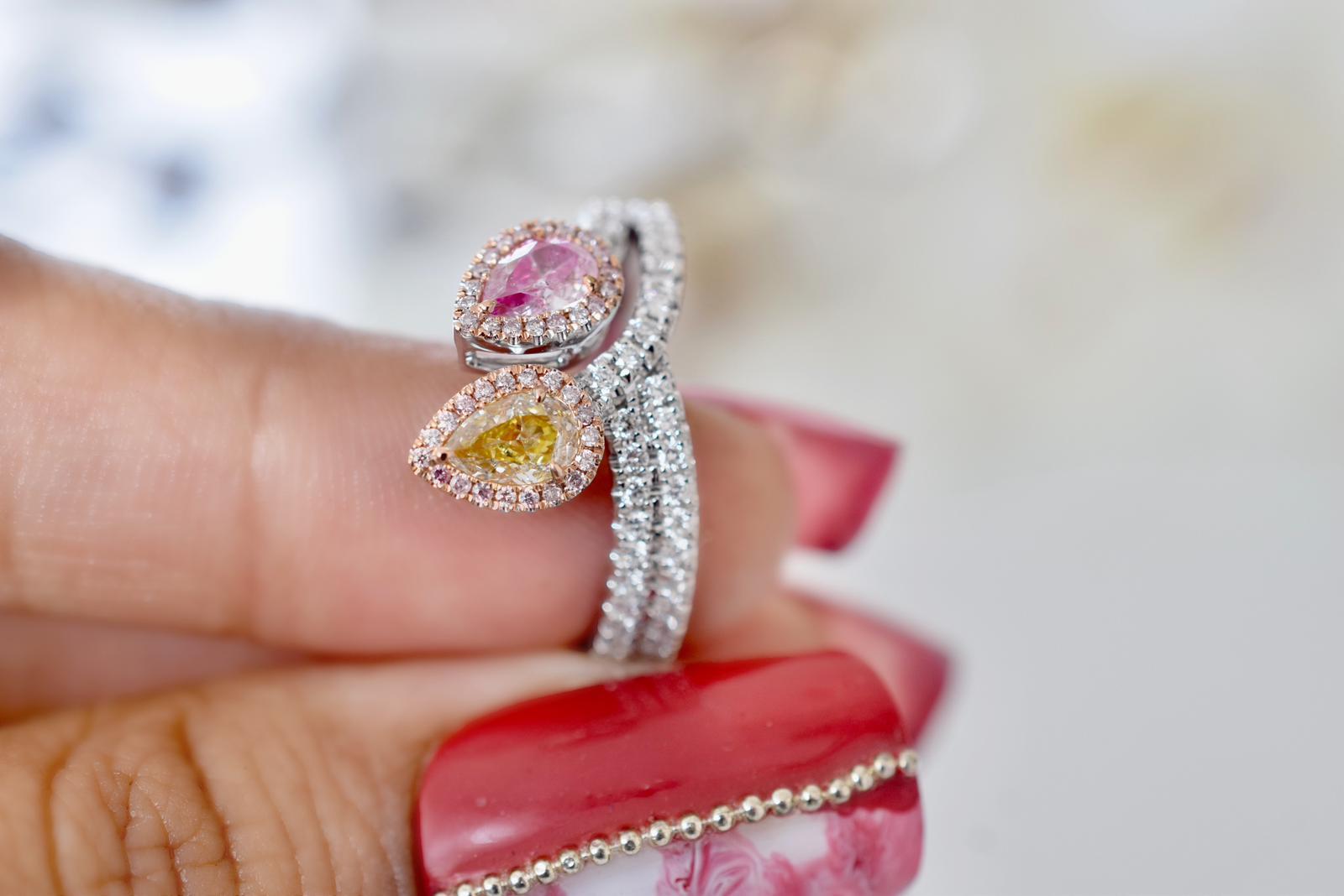 Pear Cut GIA Certified 0.56 Carat Yellow & Pink Diamond Cocktail Ring  For Sale