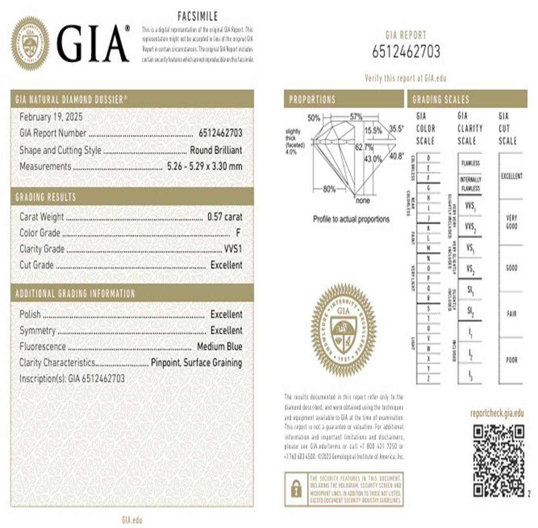 GIA Certified 0.57 Carat F Colour VVS1 Clarity Diamond For Sale 2