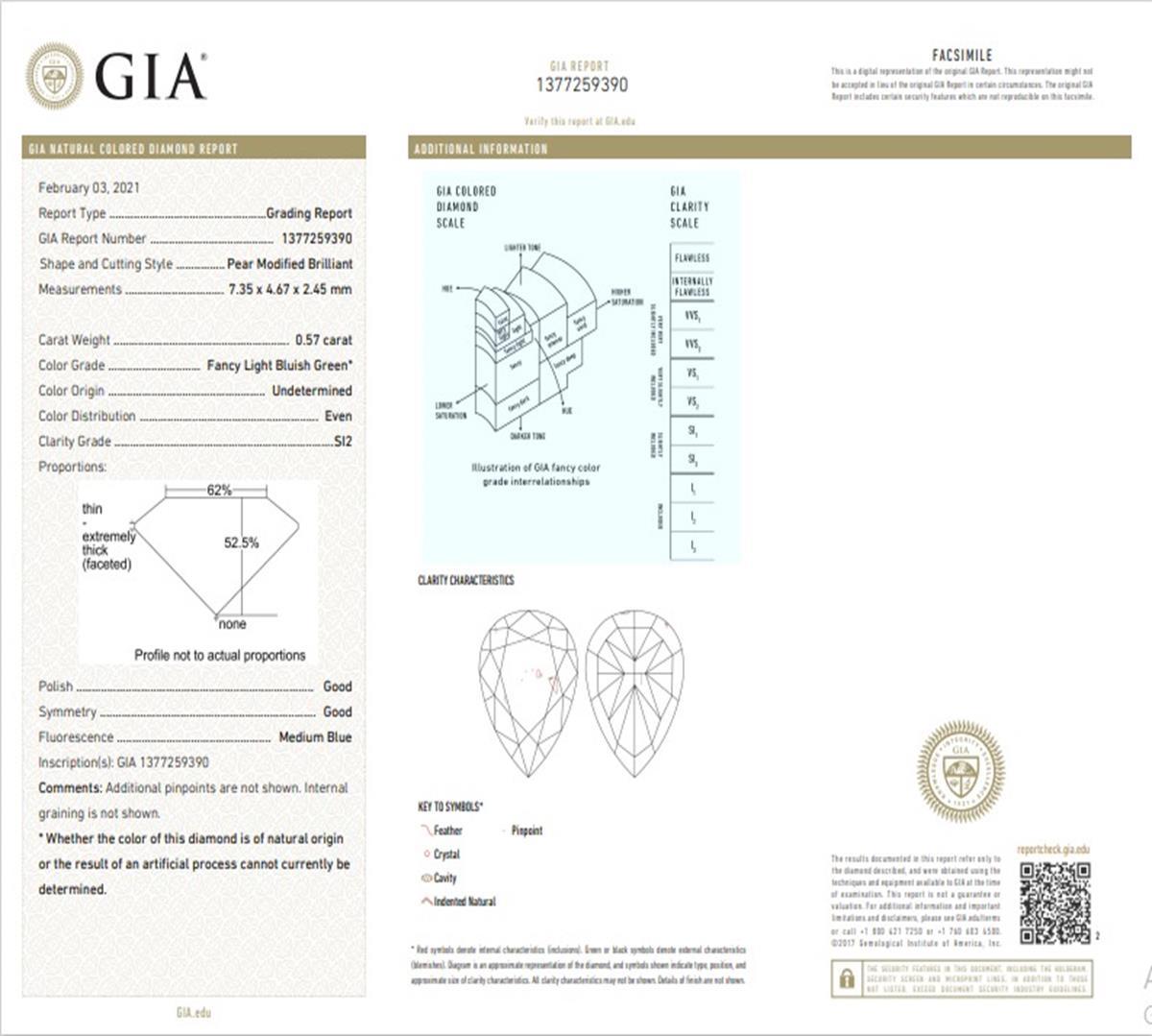 GIA Certified 0.57 Carat Fancy Light Bluish Green SI2 Clarity Diamond Ring For Sale 3