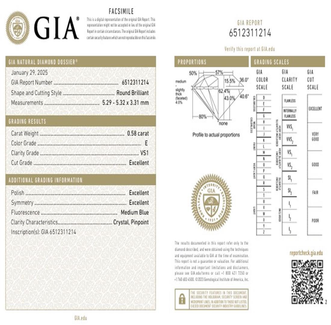 Diamante certificato GIA da 0,58 carati con colore E e purezza VS1 in vendita 2