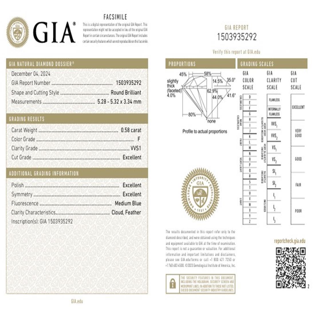GIA Certified 0.58 Carat F Colour VVS1 Clarity Diamond For Sale 2