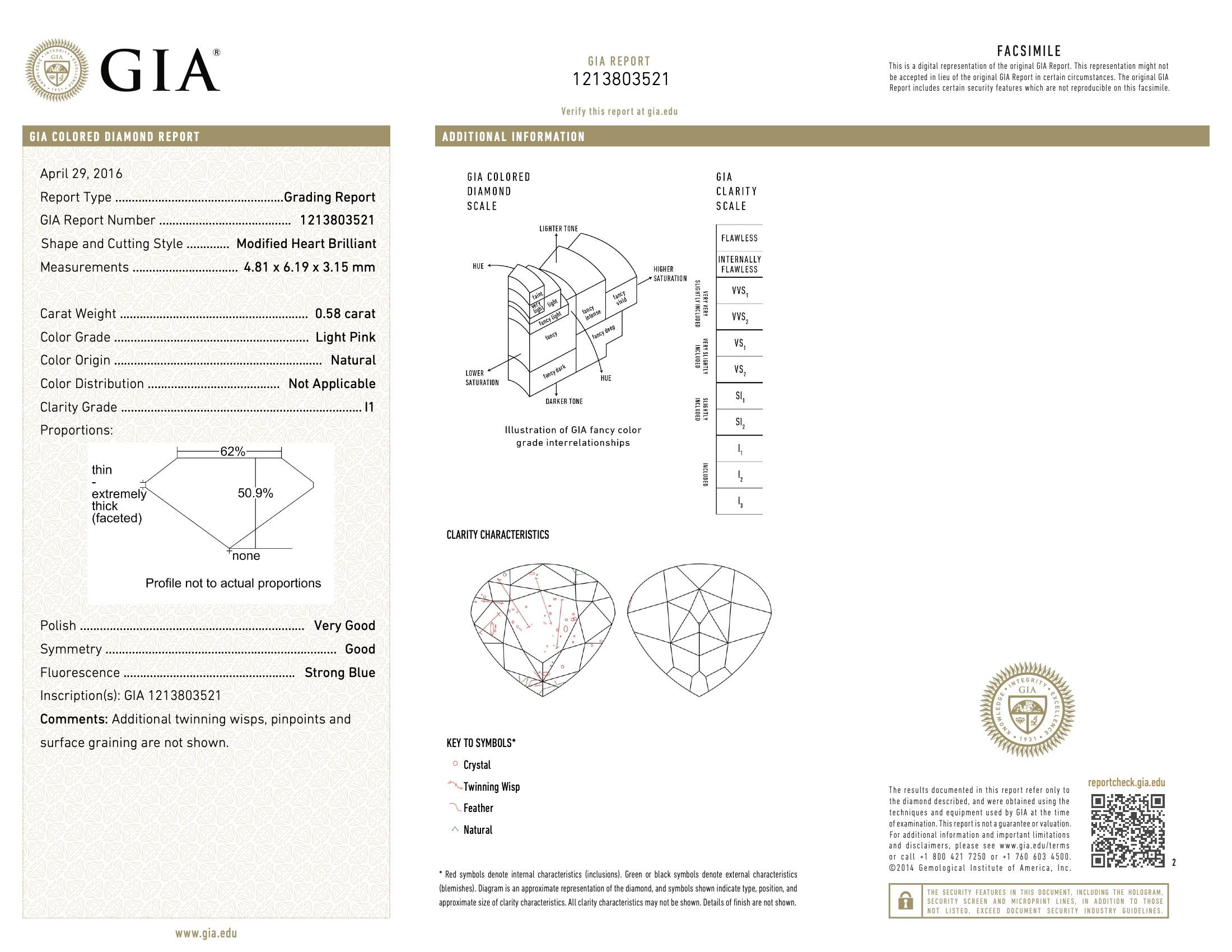 GIA Certified 0.58 Carat Light Pink I1 Clarity Diamond For Sale 1