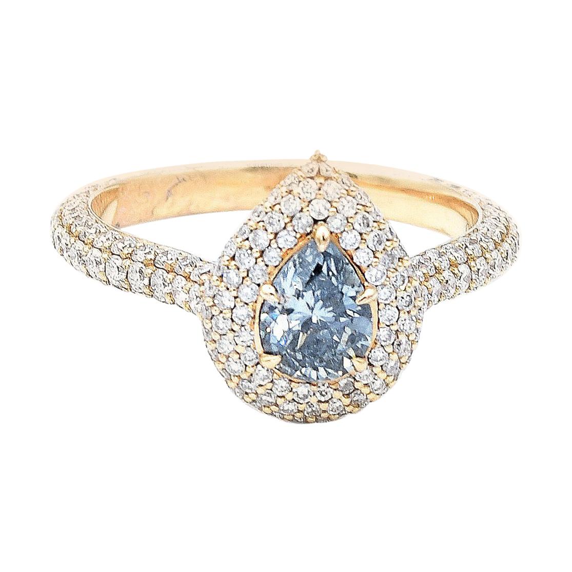 GIA Certified 0.58 Carat Pear Shape Blue Diamond Ring