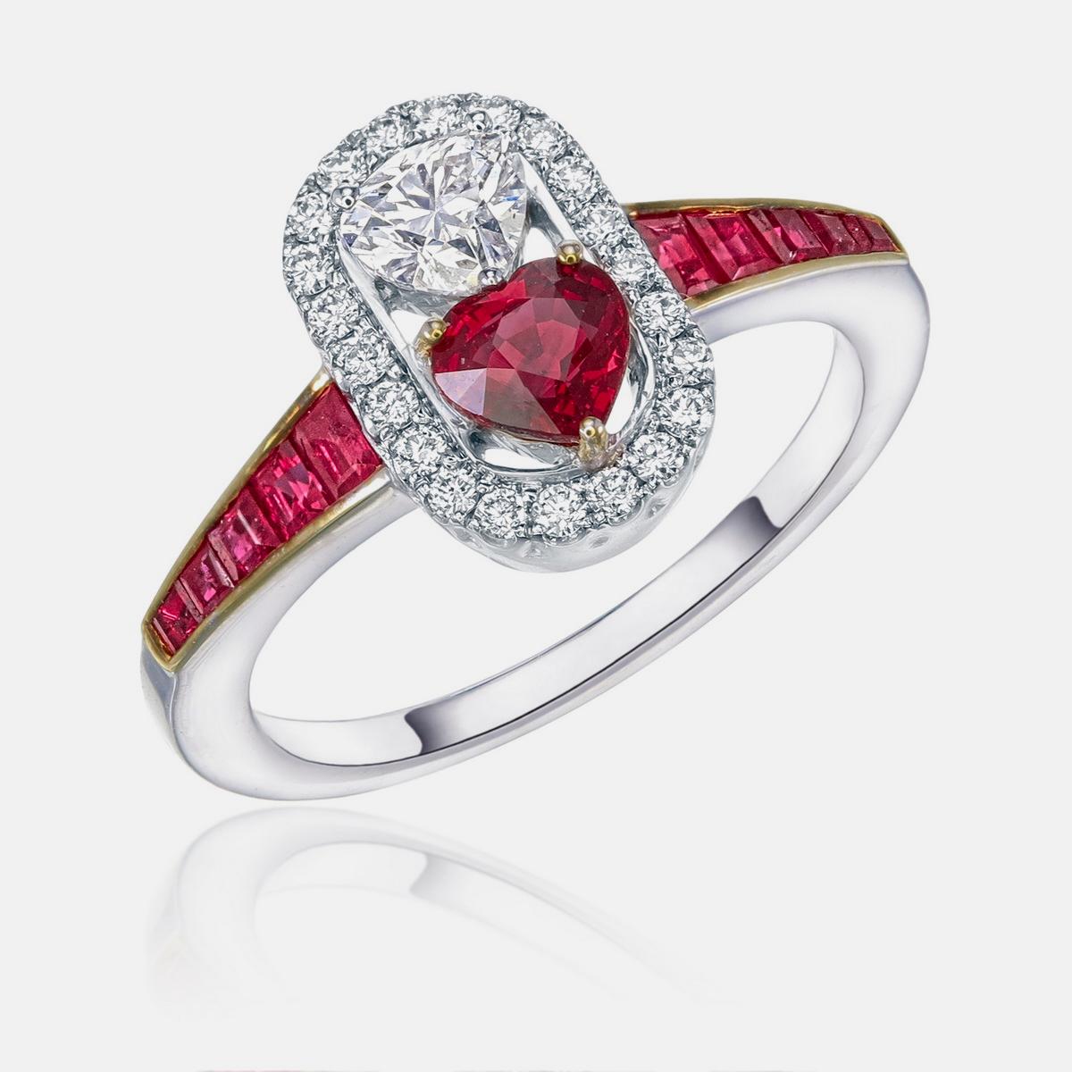 Heart Cut GIA Certified 0.58 Carat Ruby Burmese No Heat Pigeon Blood and Diamond Ring For Sale