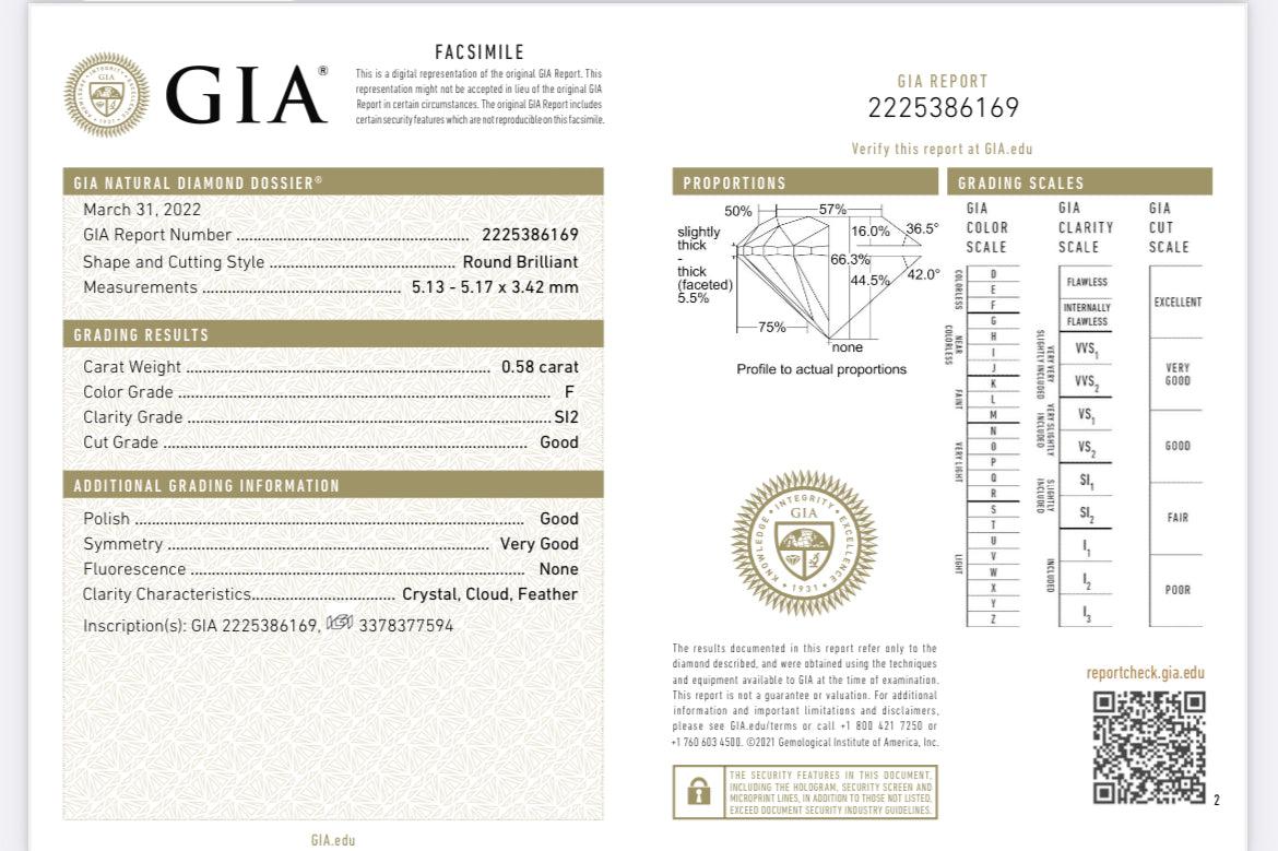 Diamant libre certifié GIA 0,58 carats F SI2 brillant rond Bon état - En vente à New York, NY