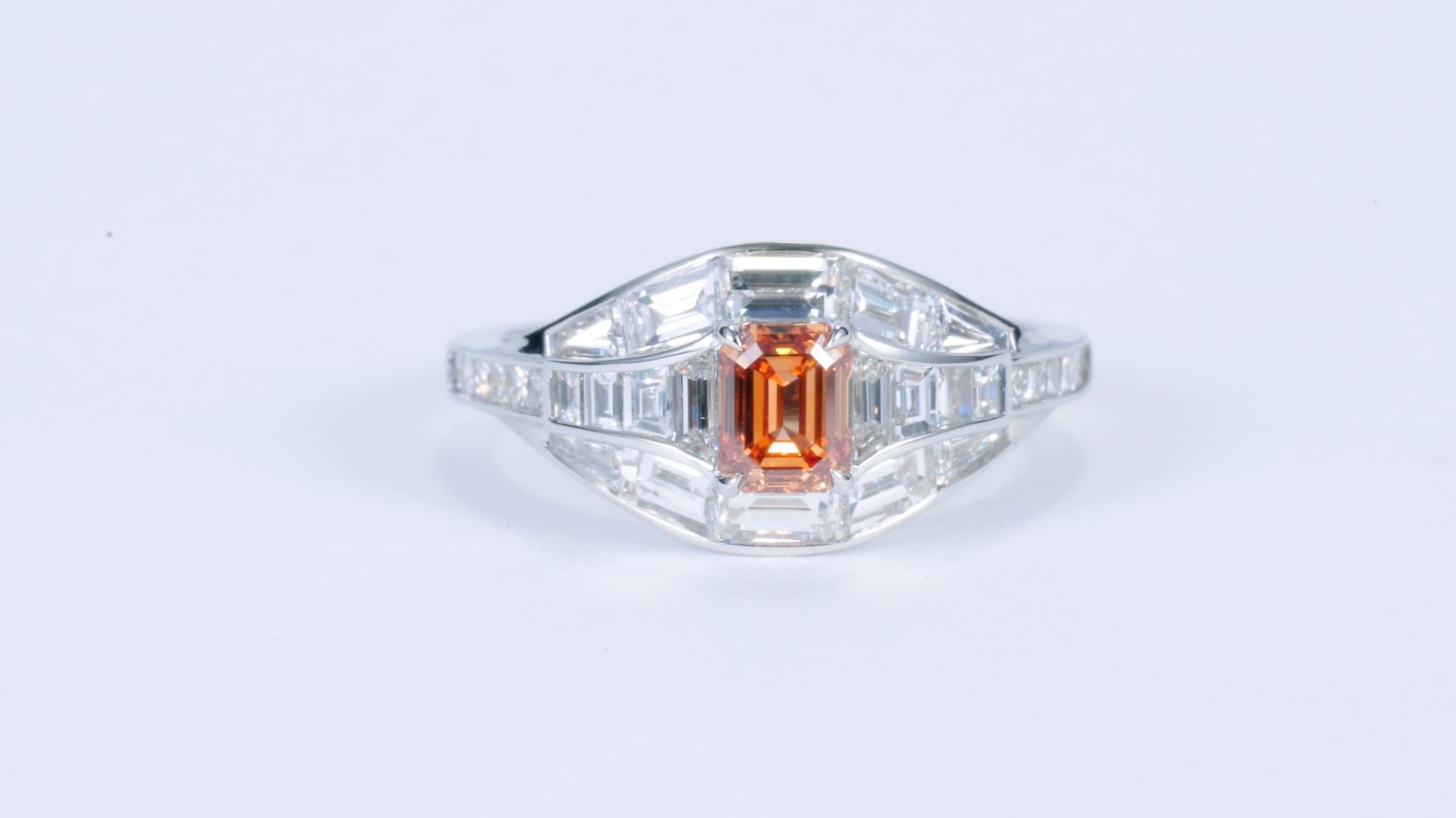Contemporary GIA Certified 0.58ct Fancy Vivid Yellow-Orange Natural Diamond Engagement Ring For Sale