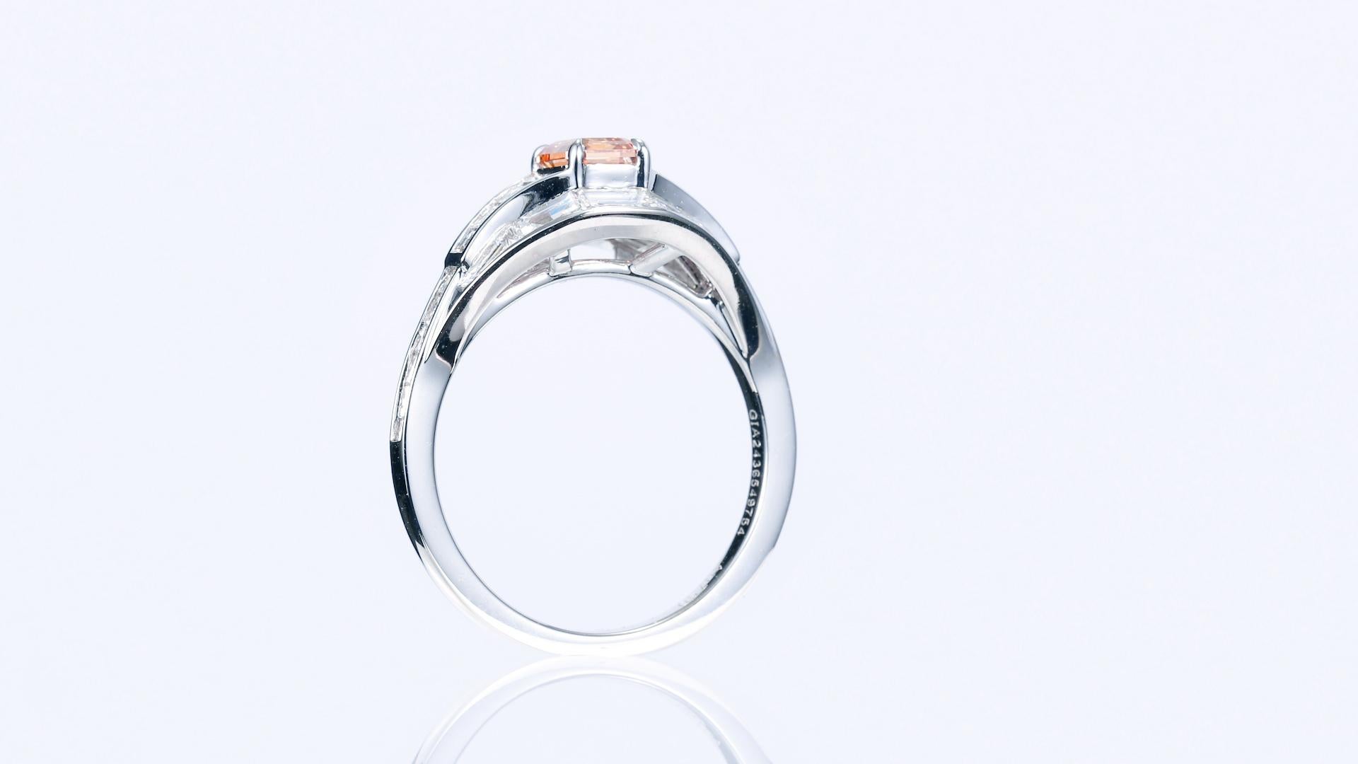 Emerald Cut GIA Certified 0.58ct Fancy Vivid Yellow-Orange Natural Diamond Engagement Ring For Sale