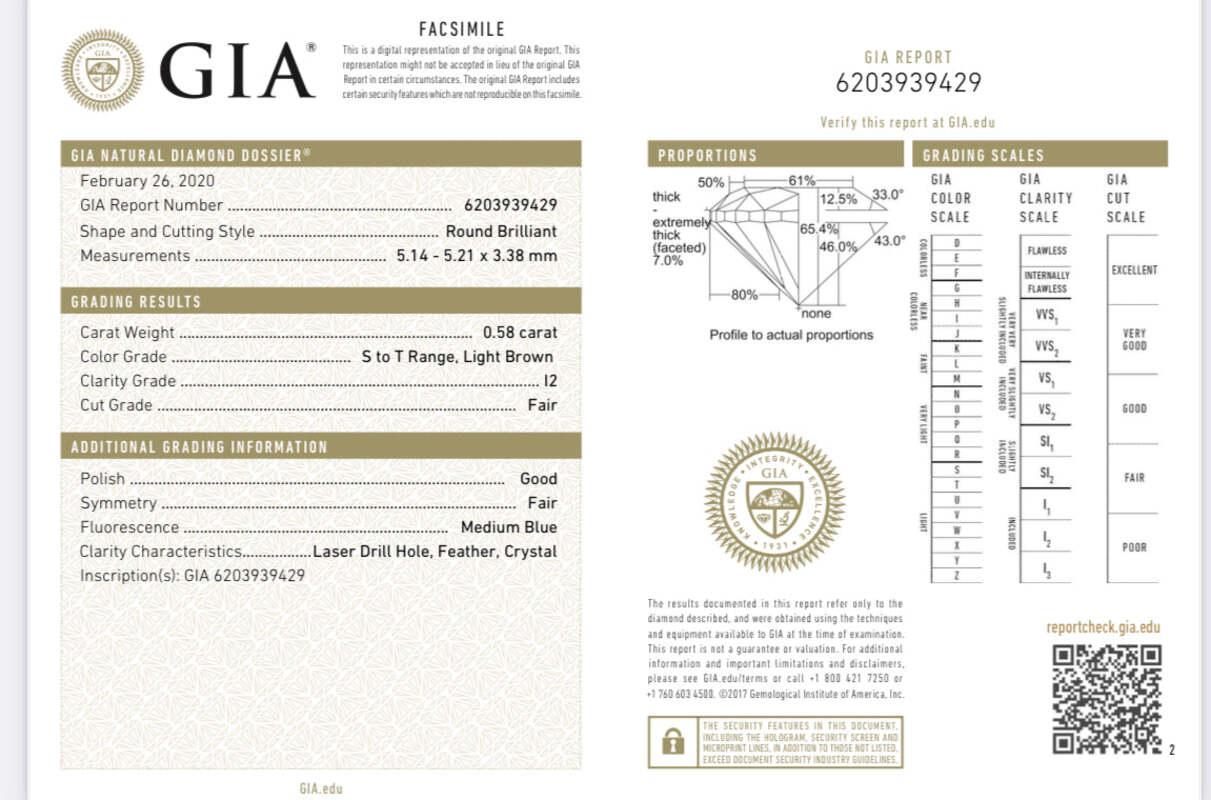 Diamant brut rond certifié GIA 0.58CT S-T I2 Bon état - En vente à New York, NY