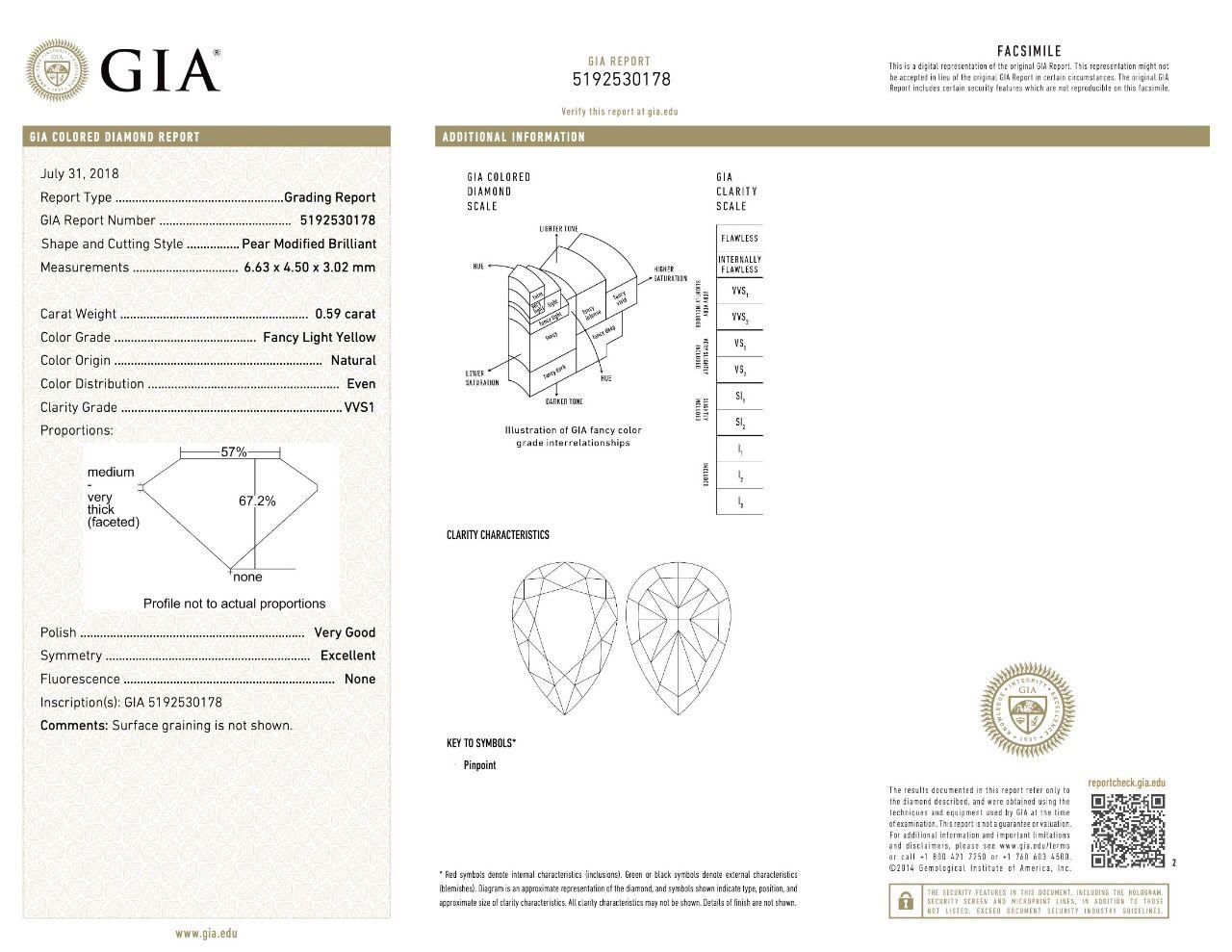 GIA Certified 0.59/0.56 Cts Fancy Light Yellow / G VVS1/VS1 Clarity Diamond Ring For Sale 3