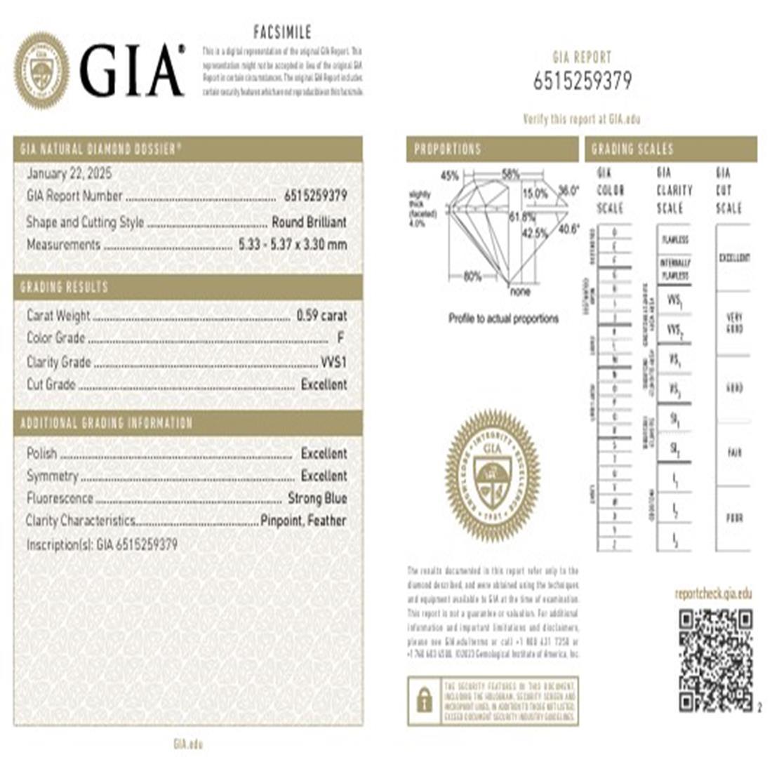 GIA Certified 0.59 Carat F Colour VVS1 Clarity Diamond For Sale 2