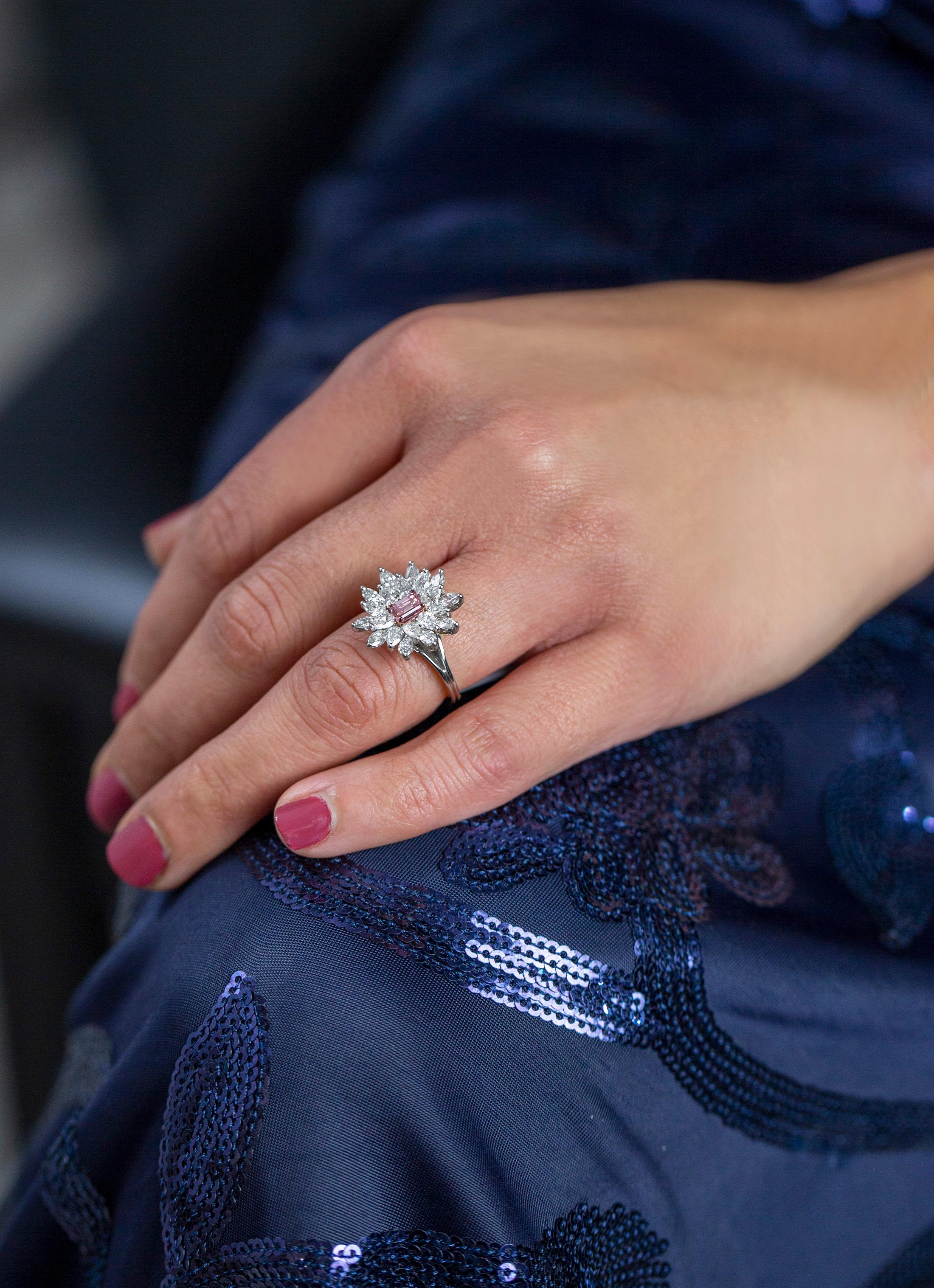Emerald Cut Roman Malakov GIA Certified 0.59 Carat Pink Diamond Cluster Engagement Ring For Sale