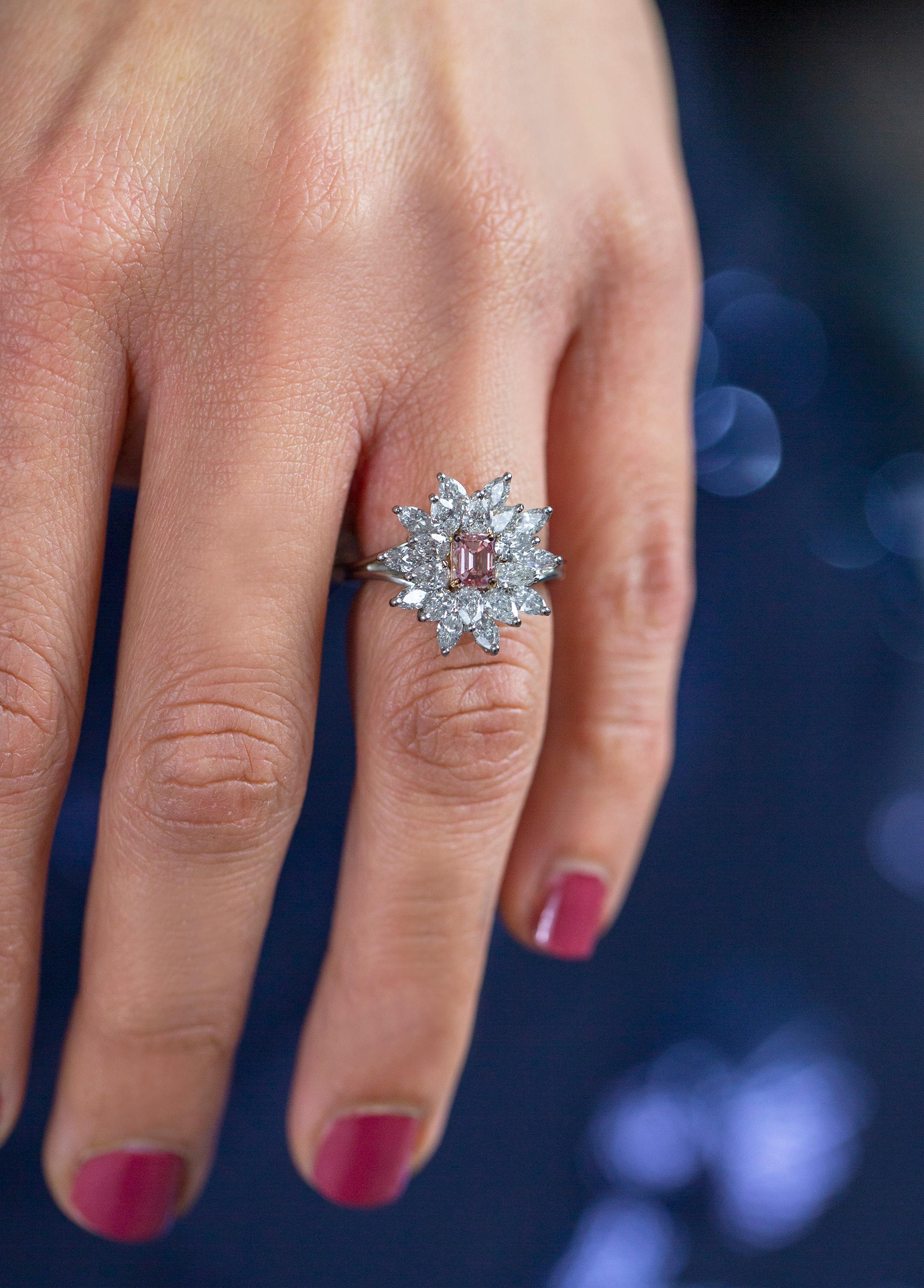 Contemporary Roman Malakov GIA Certified 0.59 Carat Pink Diamond Cluster Engagement Ring For Sale